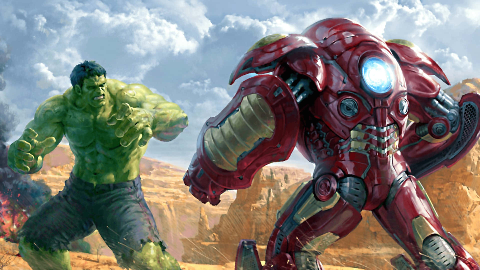 Iron Man Villains 桌布 壁紙 — 浩克與鋼鐵人在多雲的天空下，於塵土飛揚的峽谷中碰撞，火花四濺。