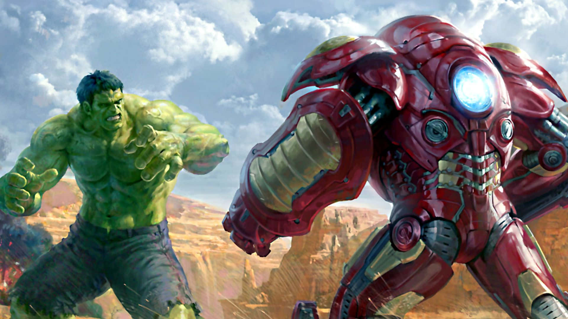 Iron Man Vs Hulk 桌布 壁紙 — 浩克與鋼鐵人在陰天的沙漠峽谷中碰撞，火花四濺。
