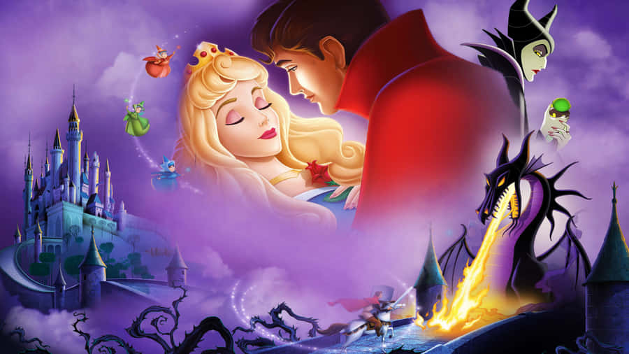 sleeping beauty 桌布 壁紙 — 浪漫迪士尼場景，奧蘿拉公主與菲利普王子相擁，而梅菲瑟的巨龍在城堡附近噴火。