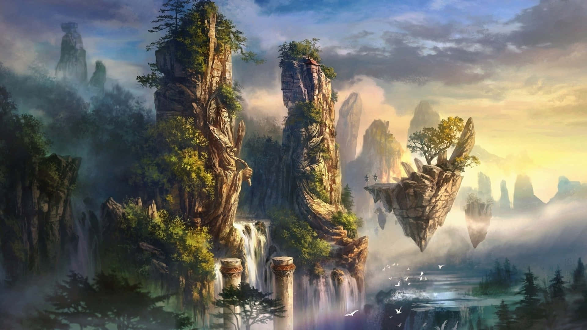 奇幻藝術 桌布 壁紙 — 浮動岩石柱從霧氣瀰漫的水面升起，瀑布在古老石柱之間傾瀉而下，天空呈現金色日落。