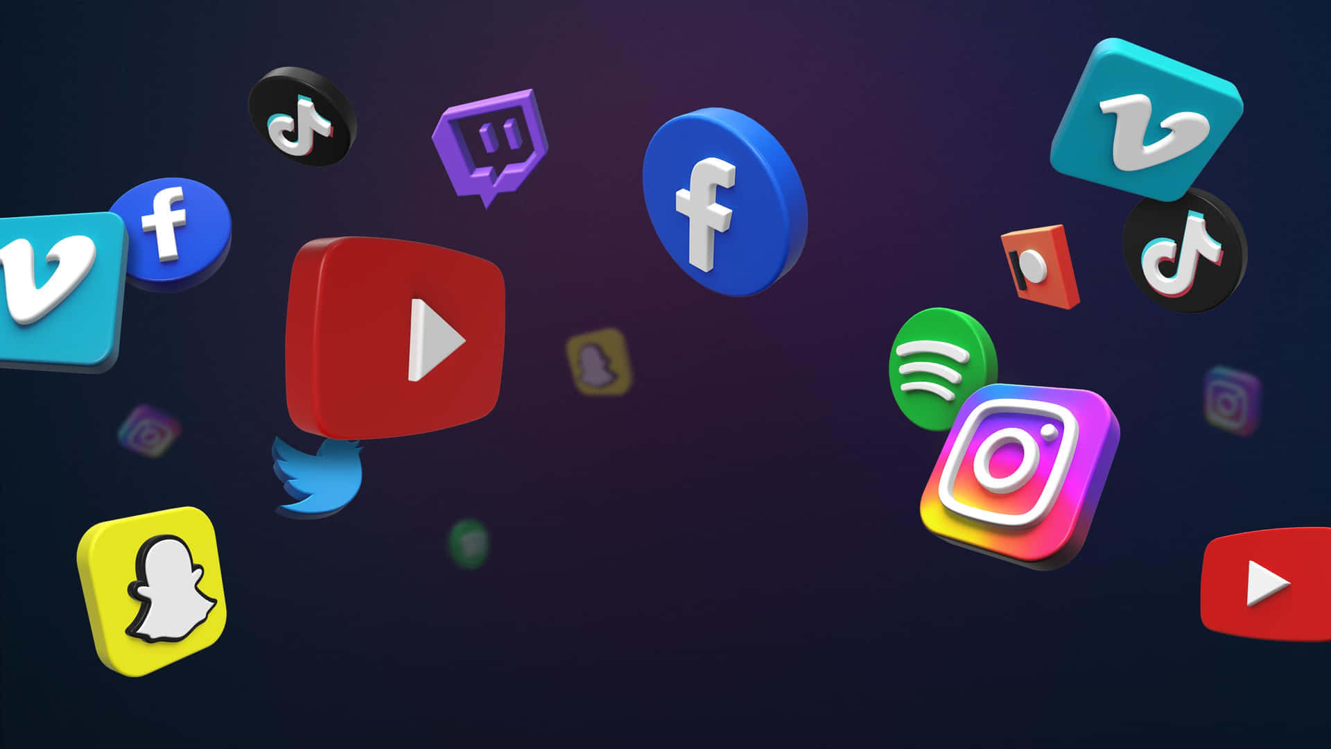 Social Media Icons 桌布 壁紙 — 浮動的 3D 渲染社交媒體應用程式圖示在深色漸變背景上飄移。