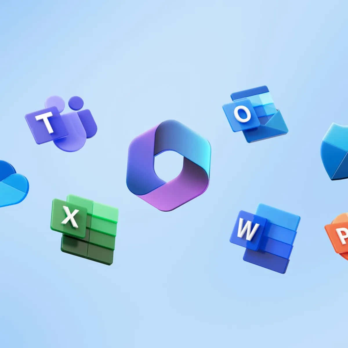 浮動的 Microsoft 365 應用程式圖標，包括 Teams、Excel、Word 和 Outlook。 — Microsoft 壁紙