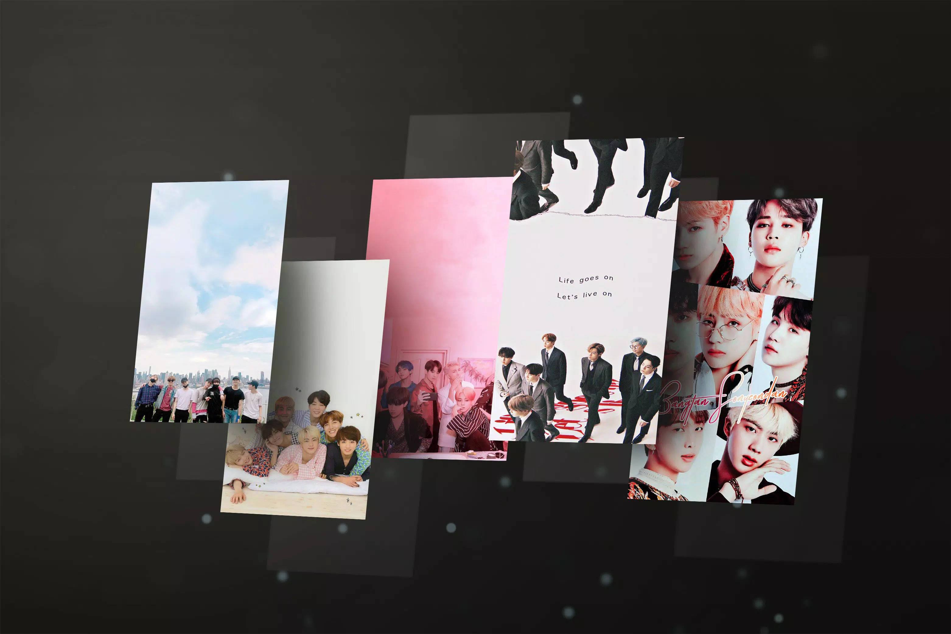 BTS 桌布 壁紙 — 浮動的K-pop團體照片拼貼，背景為深色，帶有發光粒子。
