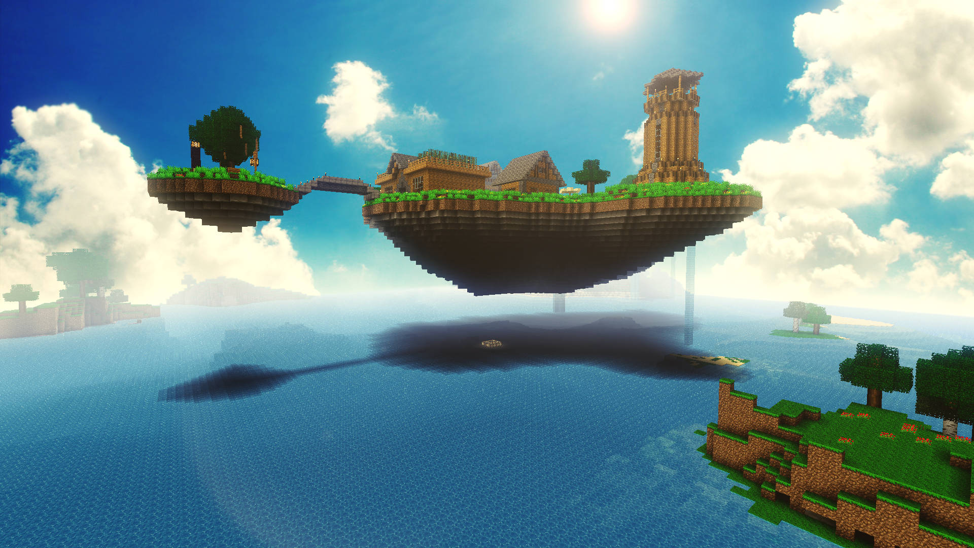 最佳我的世界 桌布 壁紙 — 浮動的像素化島嶼，上面有方塊狀的房屋和樹木，懸浮在廣闊的海洋之上，天空晴朗明亮。