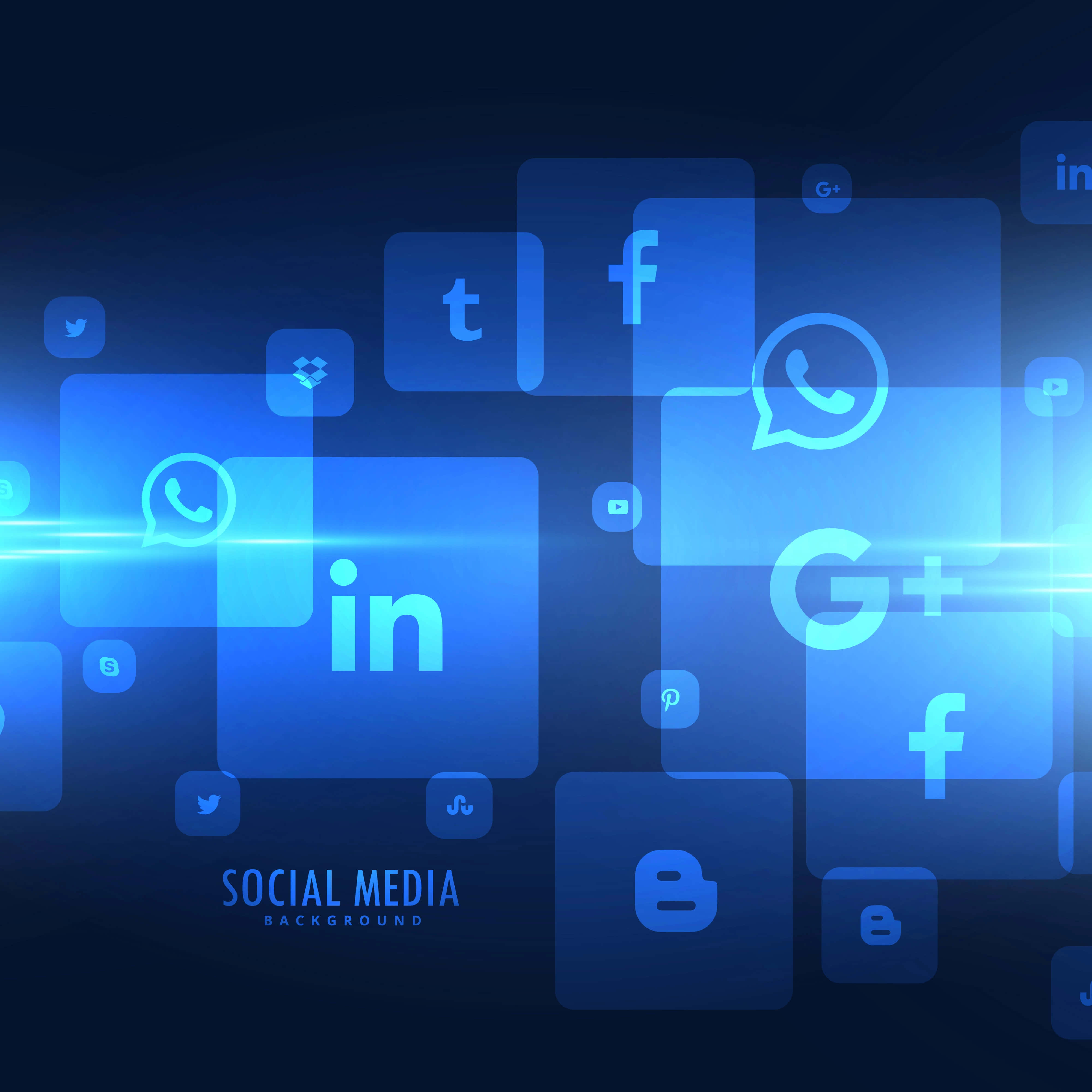 Social Media 桌布 壁紙 — 浮動的半透明藍色社交媒體圖示在帶有光線條紋的深色數位背景上發光。