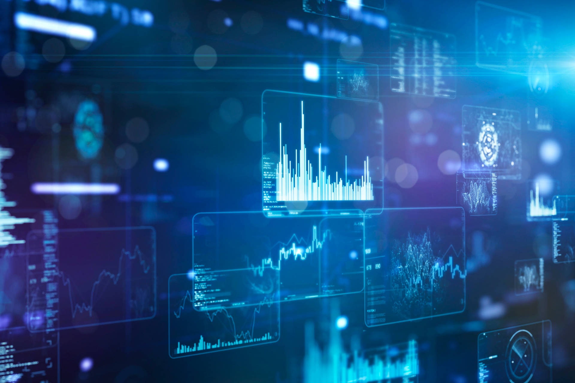 Code 桌布 壁紙 — 浮動的數位數據可視化在黑暗的未來背景上以冷藍色調發光。