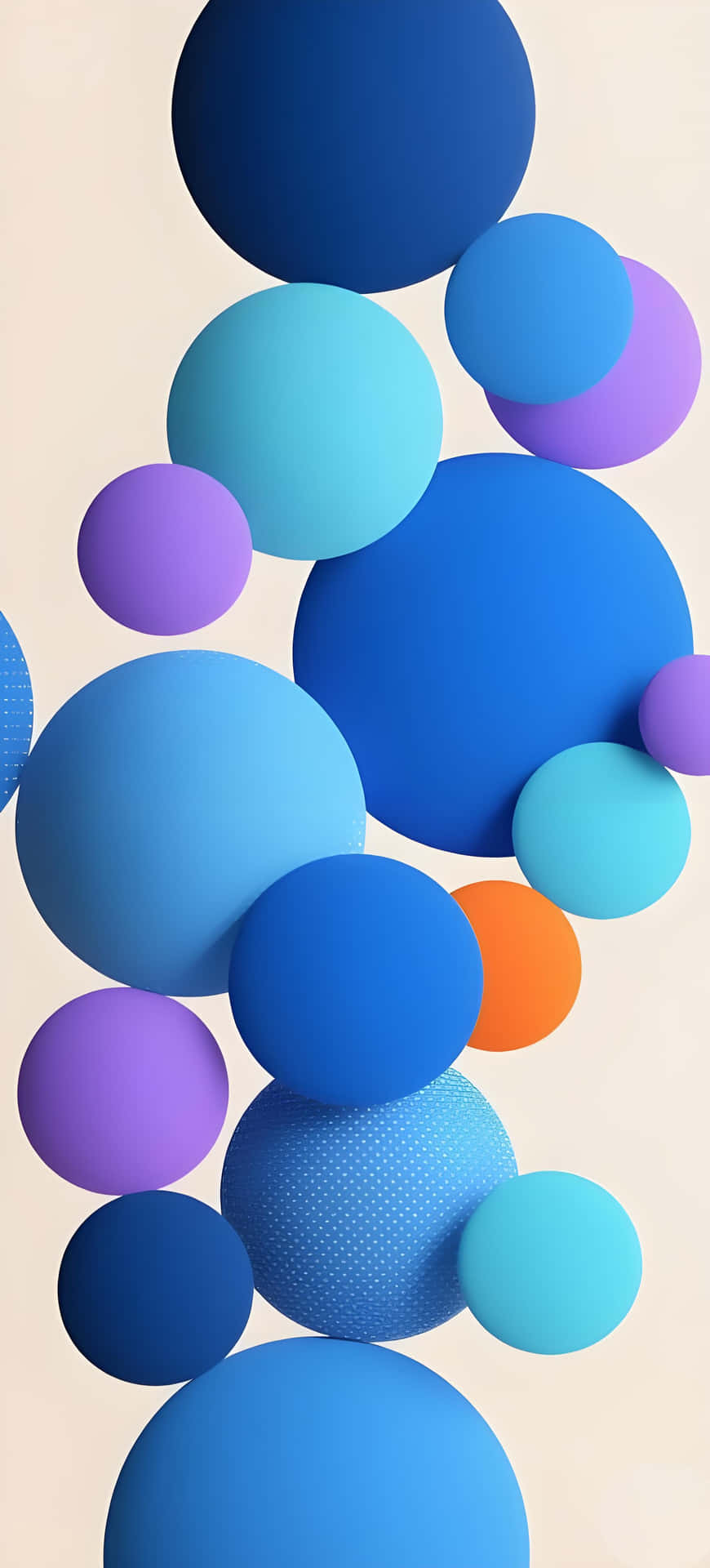 Colorful 3D Spheres: Creative Modern Geometric Wallpaper 壁紙 — 浮動的球體，呈現藍色、紫色和橙色的不同色調，背景為柔和的米色。