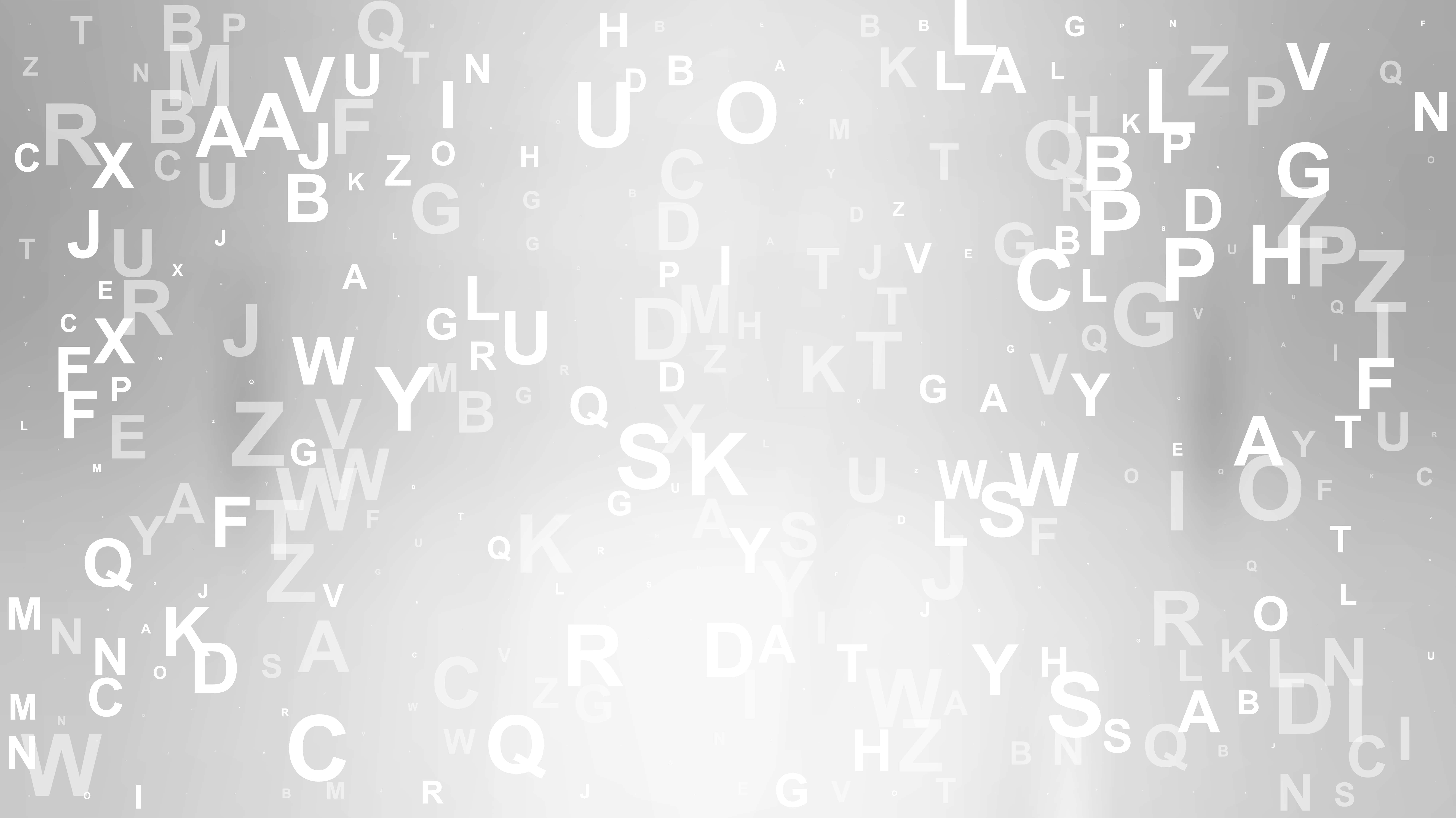 字母動畫 桌布 壁紙 — 浮動的白色字母和符號在柔和的灰色漸變背景上飄移，形成數位抽象構圖。