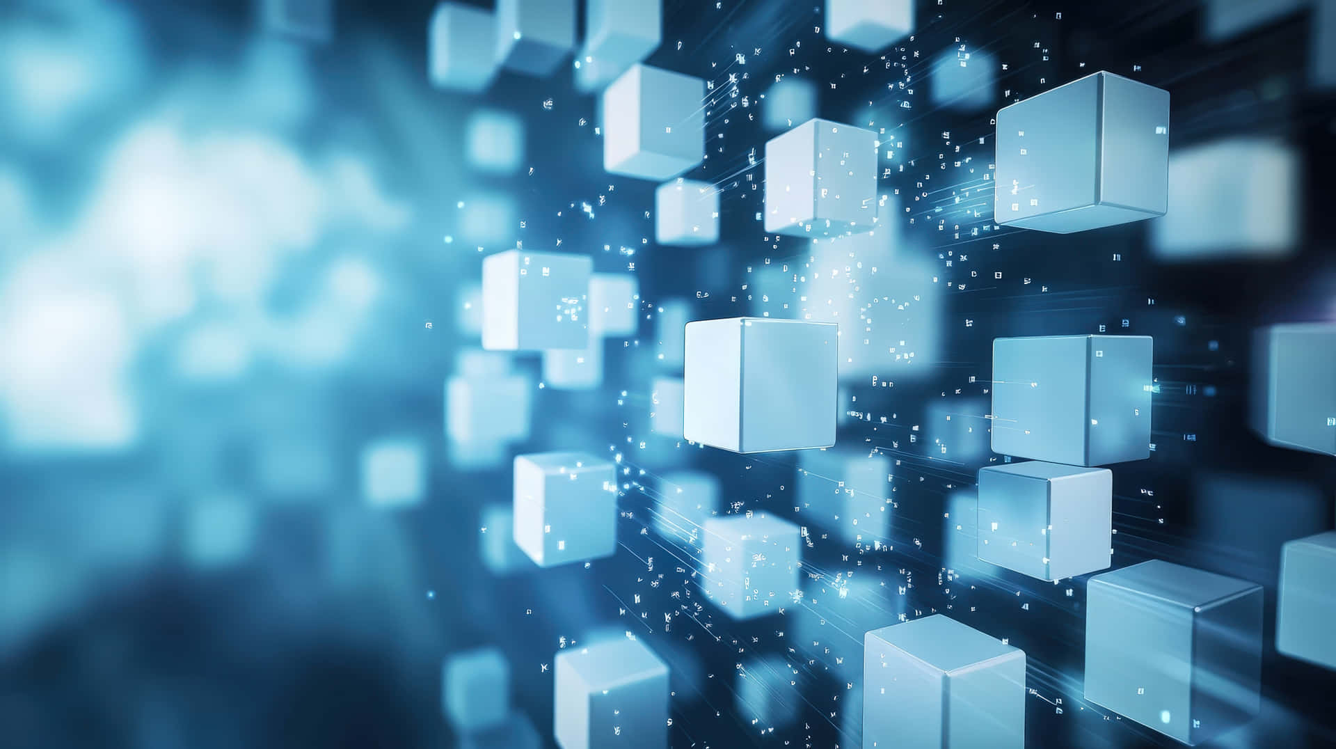 A 3D-rendered futuristic digital landscape featuring floating cubes representing blockchain 壁紙 — 浮動的白色立方體在發光的藍色數位空間中飄移，帶有閃爍的粒子軌跡。