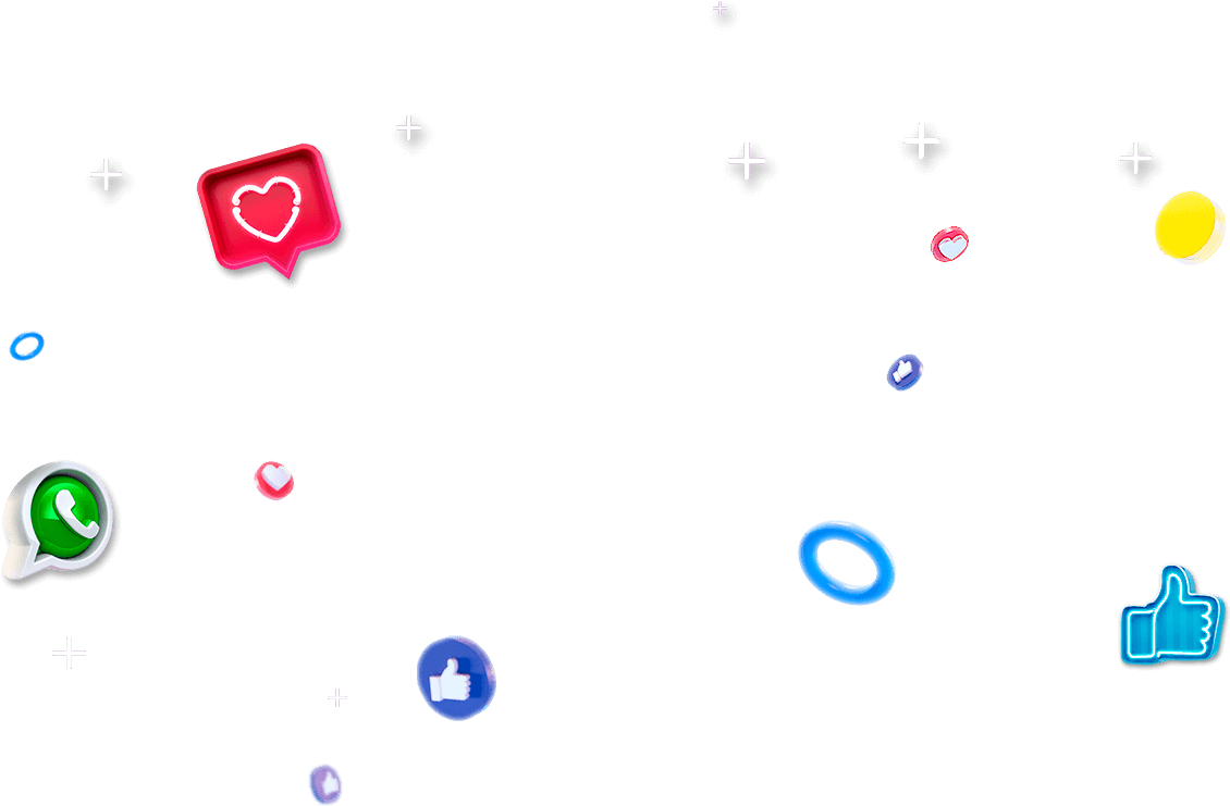 Social Media Icons 桌布 壁紙 — 浮動的社交媒體圖示和愛心在帶有白色加號的黑色背景上飄動。