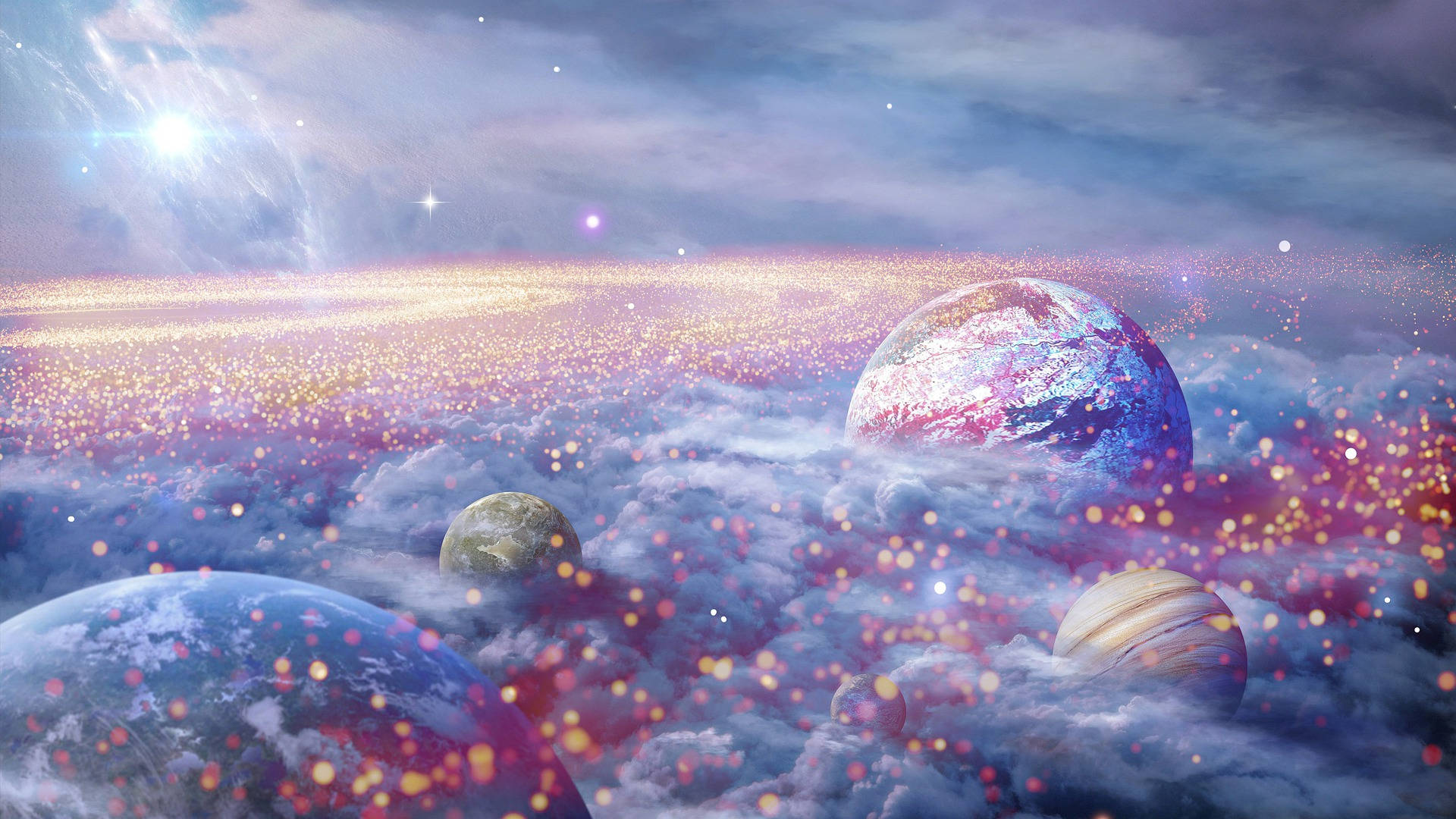 銀河 桌布 壁紙 — 浮動行星在光芒四射的天體太陽下，飄過由雲朵和閃爍星星組成的宇宙海洋。