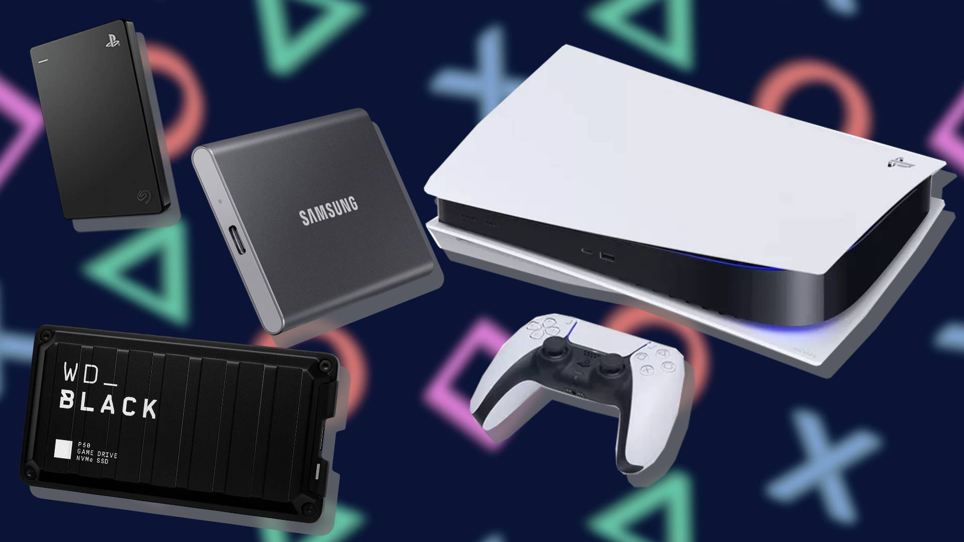 PS5 動態圖片 桌布 壁紙 — 浮動遊戲硬體，包括PS5主機控制器和外接硬碟，在充滿活力的幾何背景上。