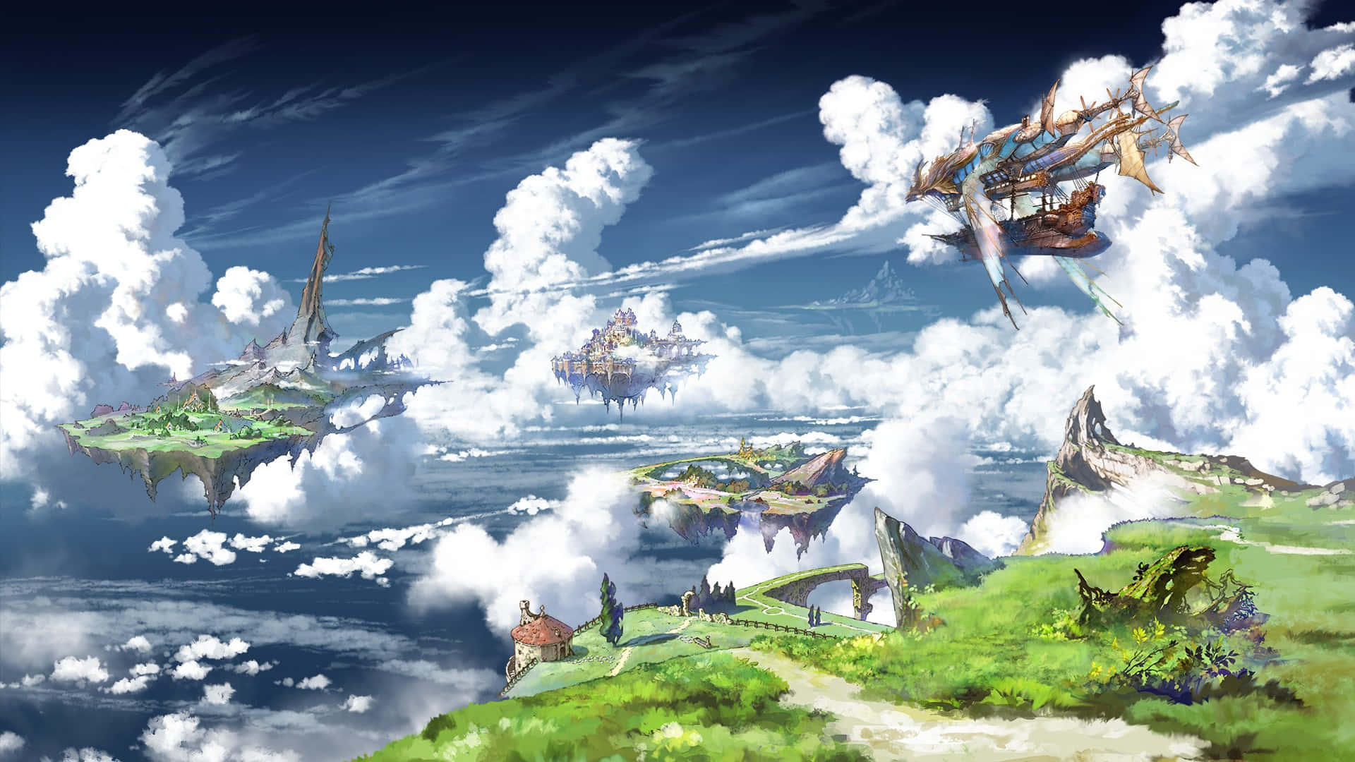 背景 桌布 壁紙 — 浮島上建有城堡，一艘飛船在蓬鬆雲朵上方翱翔於充滿活力的奇幻天空。