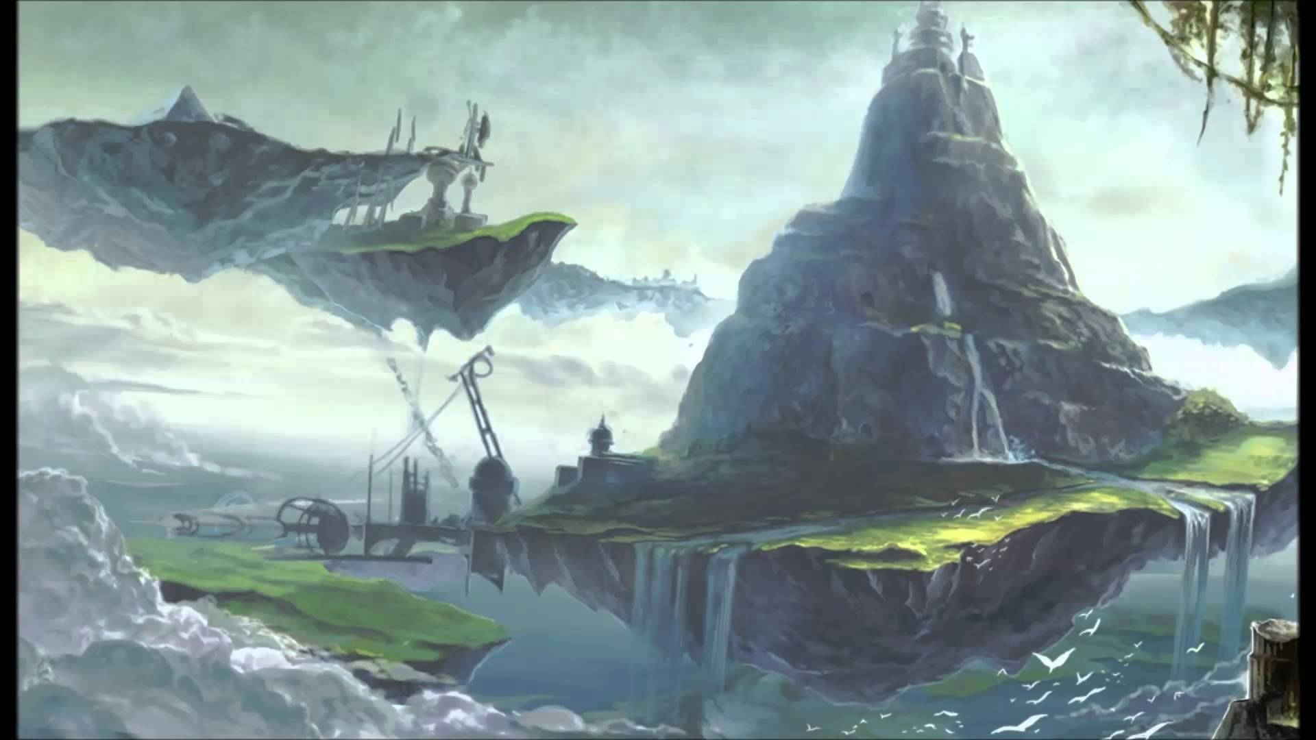 Chrono 桌布 壁紙 — 浮島上有古代遺跡和瀑布，在寧靜海面上方的霧氣天空中飄浮。