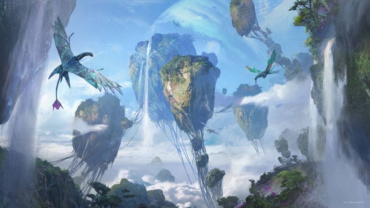 潘朵拉 桌布 壁紙 — 浮島上有層疊瀑布和帶翼生物在明亮的藍天中翱翔。