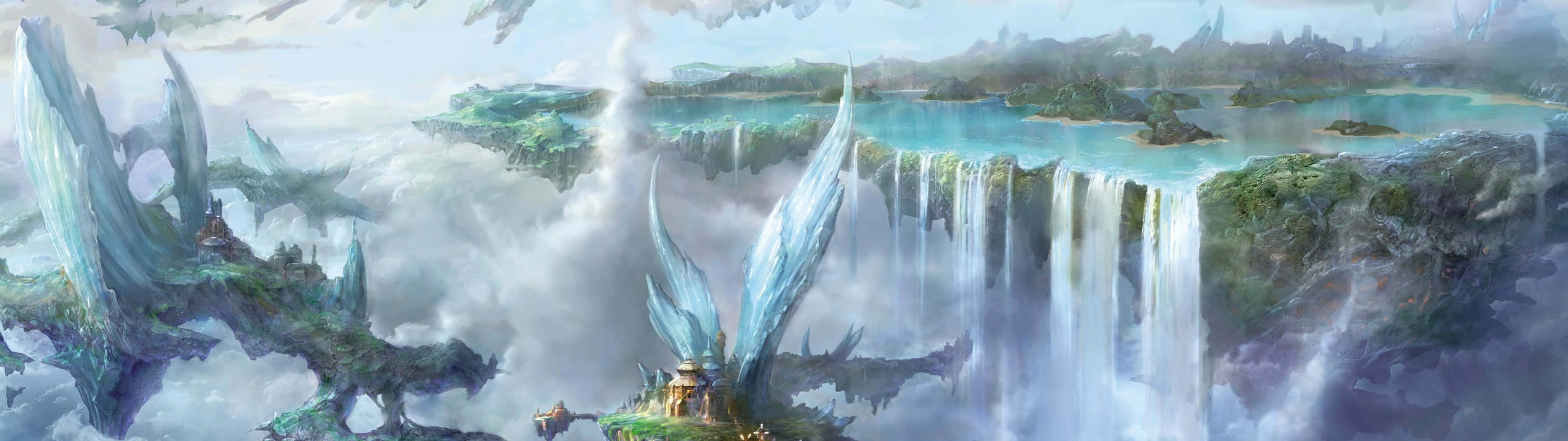 3840X1080 桌布 壁紙 — 浮島上有水晶結構和層疊瀑布，在霧雲之上飄浮，構成夢幻的天空領域。