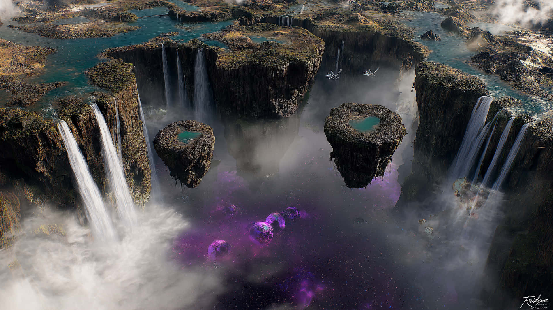 Floating Islands with Waterfalls and Mystical Purple Haze 壁紙 — 浮島上有瀑布傾瀉而下，流入下方發光紫色球體的迷霧深淵。