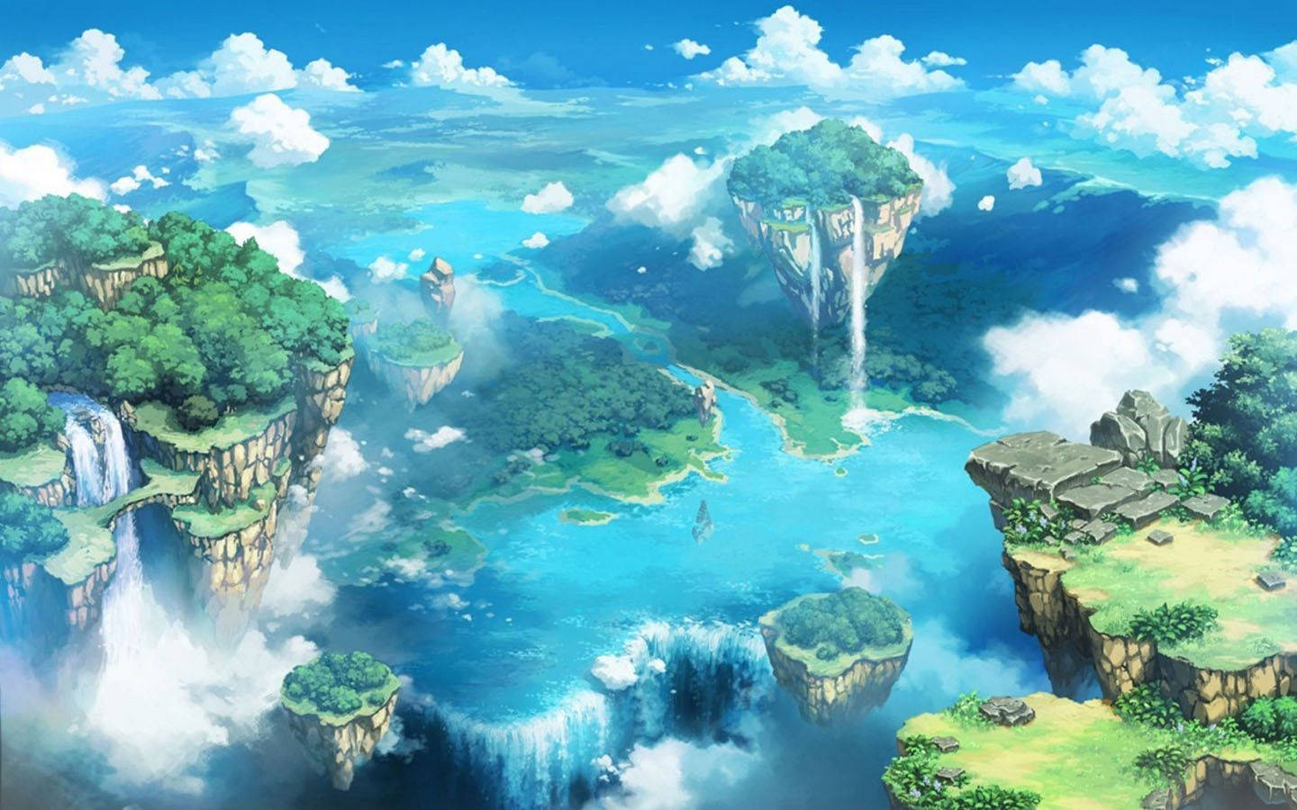 Aesthetic Anime Scenery 桌布 壁紙 — 浮島上有茂密的綠色植物和瀑布，流入充滿活力的藍色海洋，天空明亮，雲朵蓬鬆。