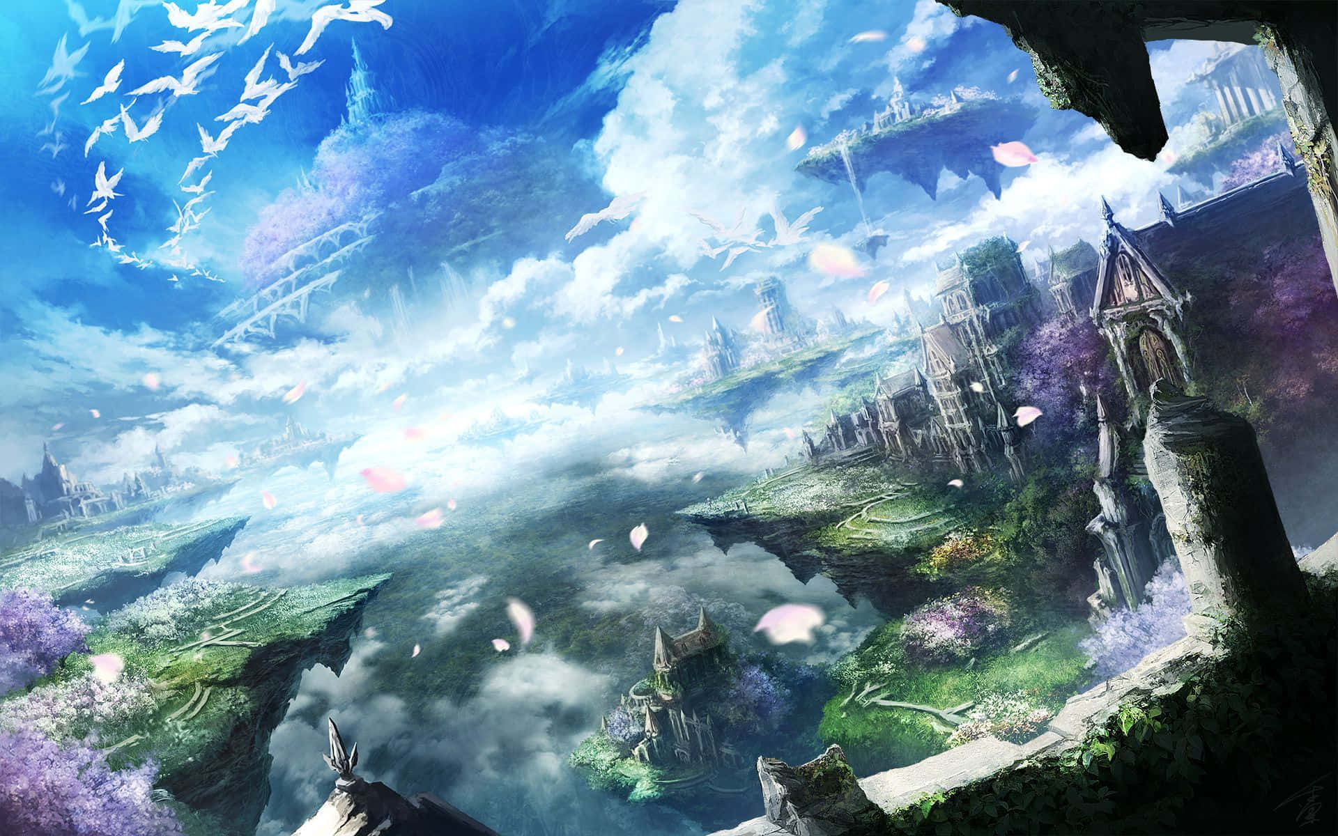 Beautiful Anime Scenery 桌布 壁紙 — 浮島上矗立著哥德式城堡和盛開的紫色樹木，在充滿白鳥和粉紅色花瓣的明亮藍天中飄浮。