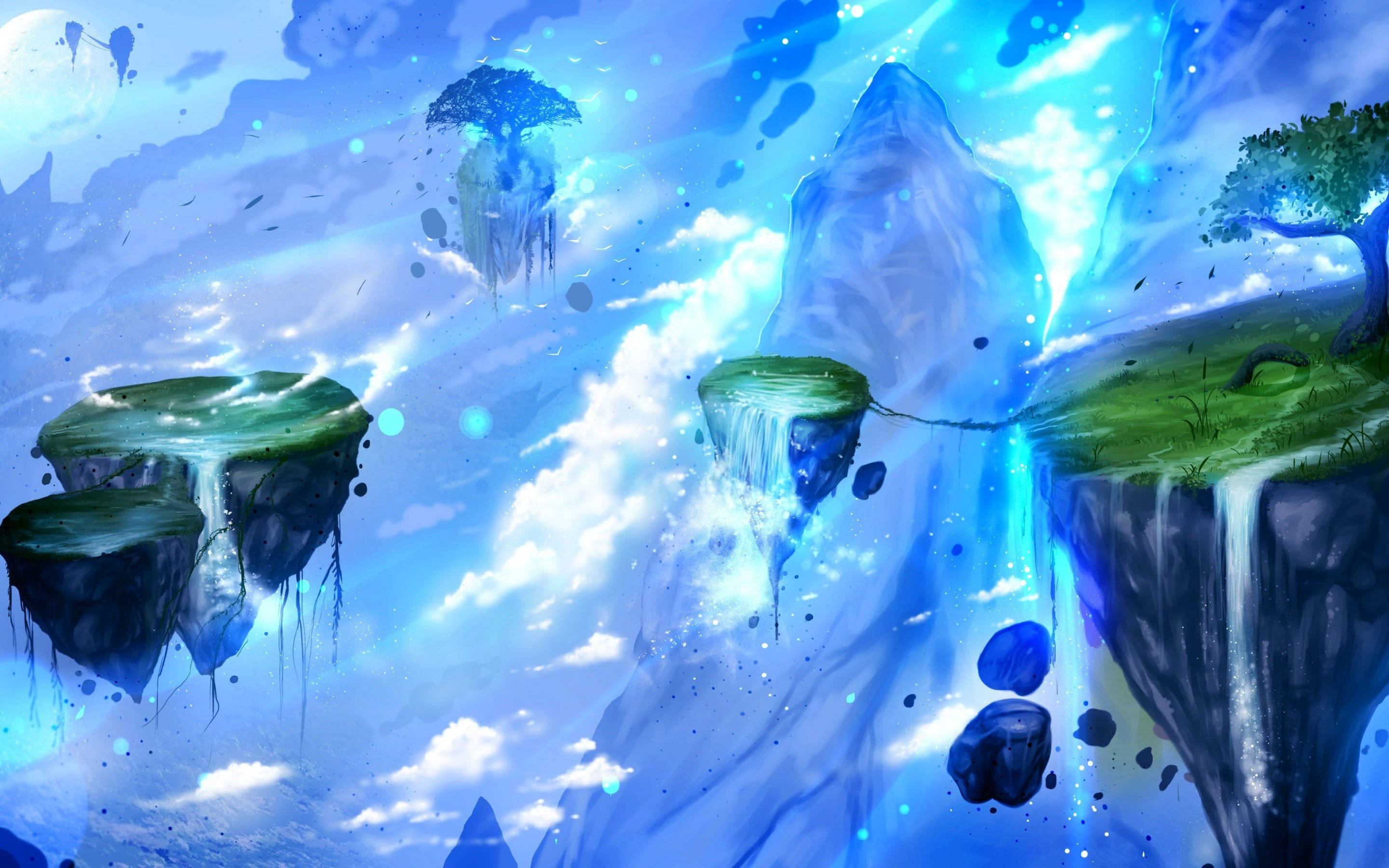 Floating 桌布 壁紙 — 浮島上長滿茂密的綠色植物，在充滿雲朵和發光粒子的鮮豔藍天中飄浮。