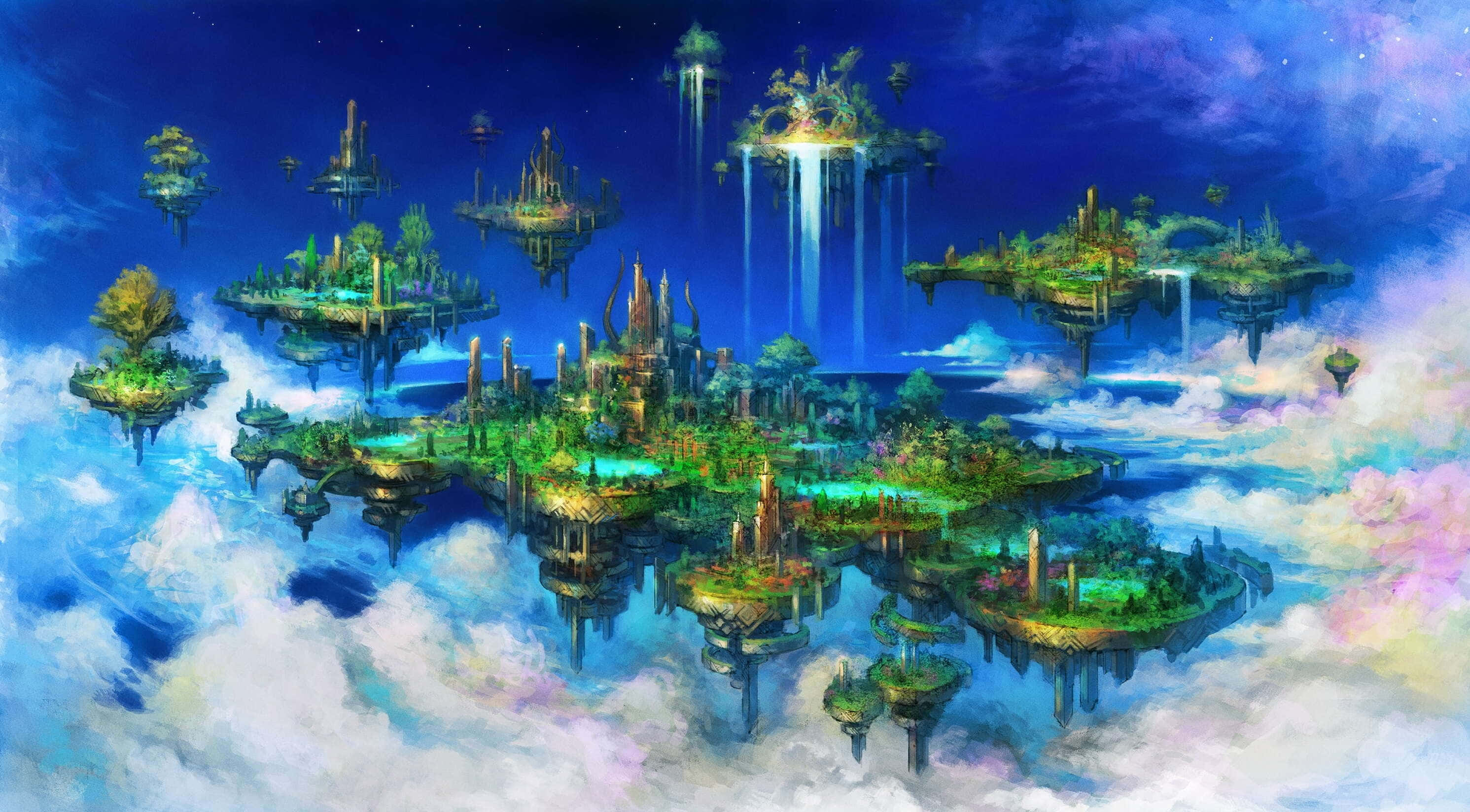 漂浮島嶼 桌布 壁紙 — 浮島上閃耀的城市和瀑布在繁星點點的暮色天空中飄浮在蓬鬆的雲層之上。