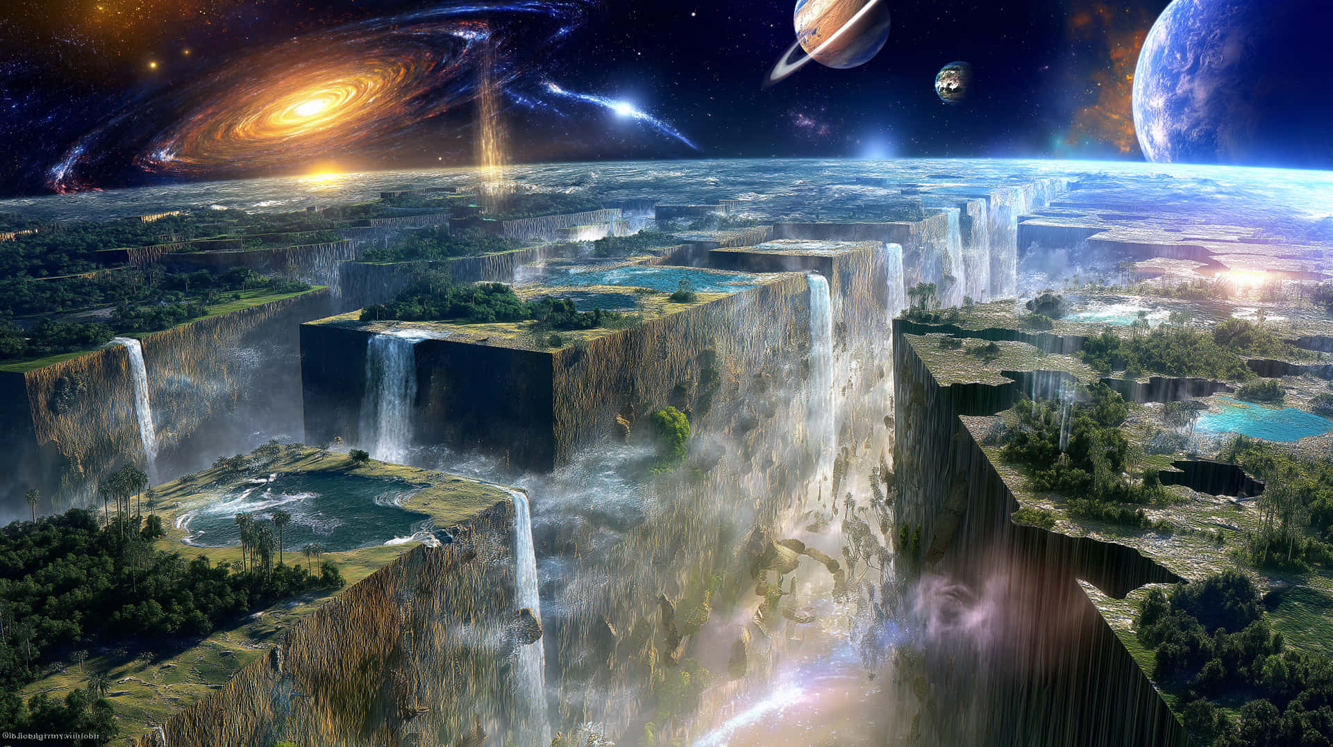 Cosmic Flat Earth with Waterfall Edges and Celestial View 壁紙 — 浮島瀑布在鋸齒狀懸崖間傾瀉而下，下方是宇宙天空，有星系、行星和恆星。