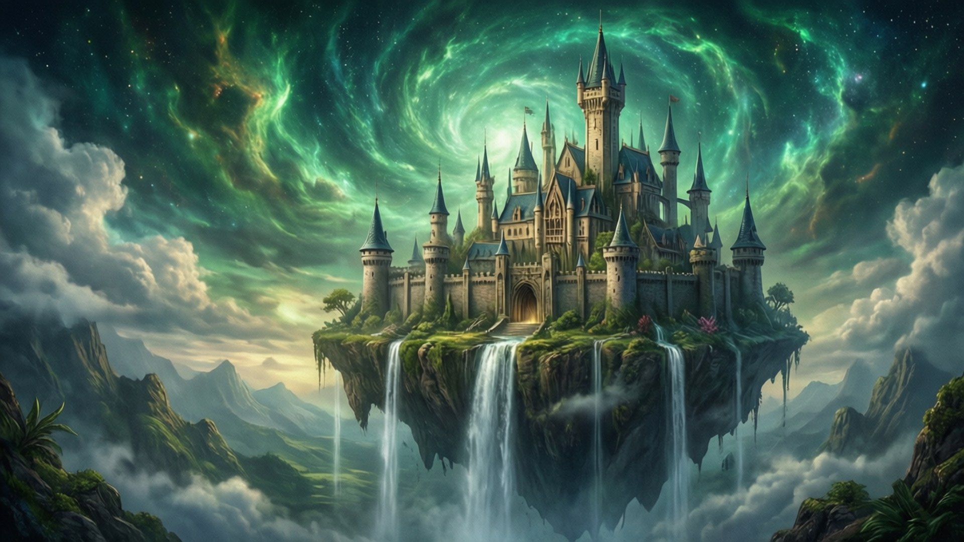 浮空城堡與綠色星雲 壁紙 — 一座雄偉的浮空城堡，擁有尖塔和角樓，坐落於懸崖之上，下方是層疊的瀑布，上方是旋轉的綠色極光天空。