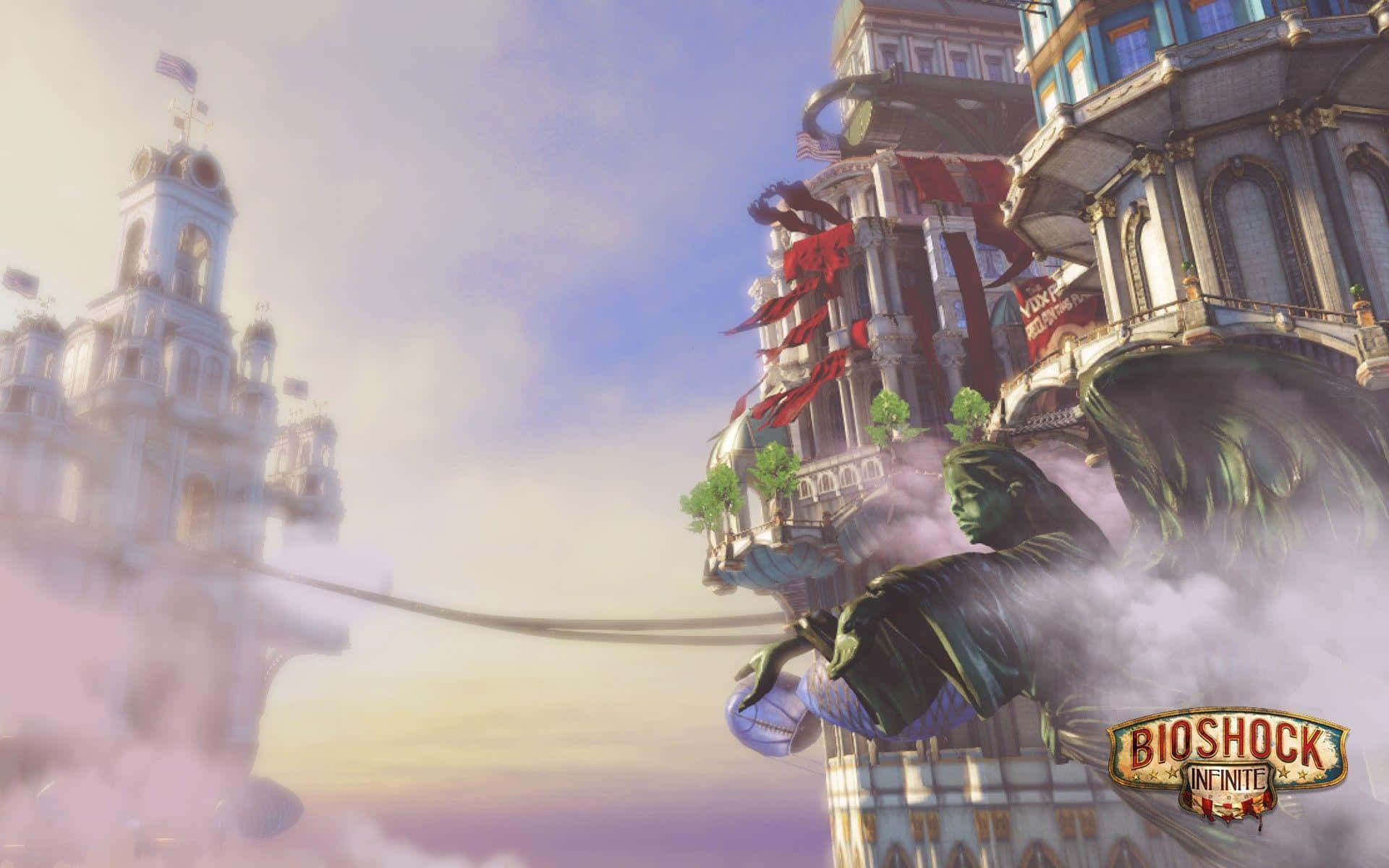 Best Bioshock Infinite 桌布 壁紙 — 浮空城市，擁有華麗建築和一座綠色雕像，在日落時從雲層中浮現。