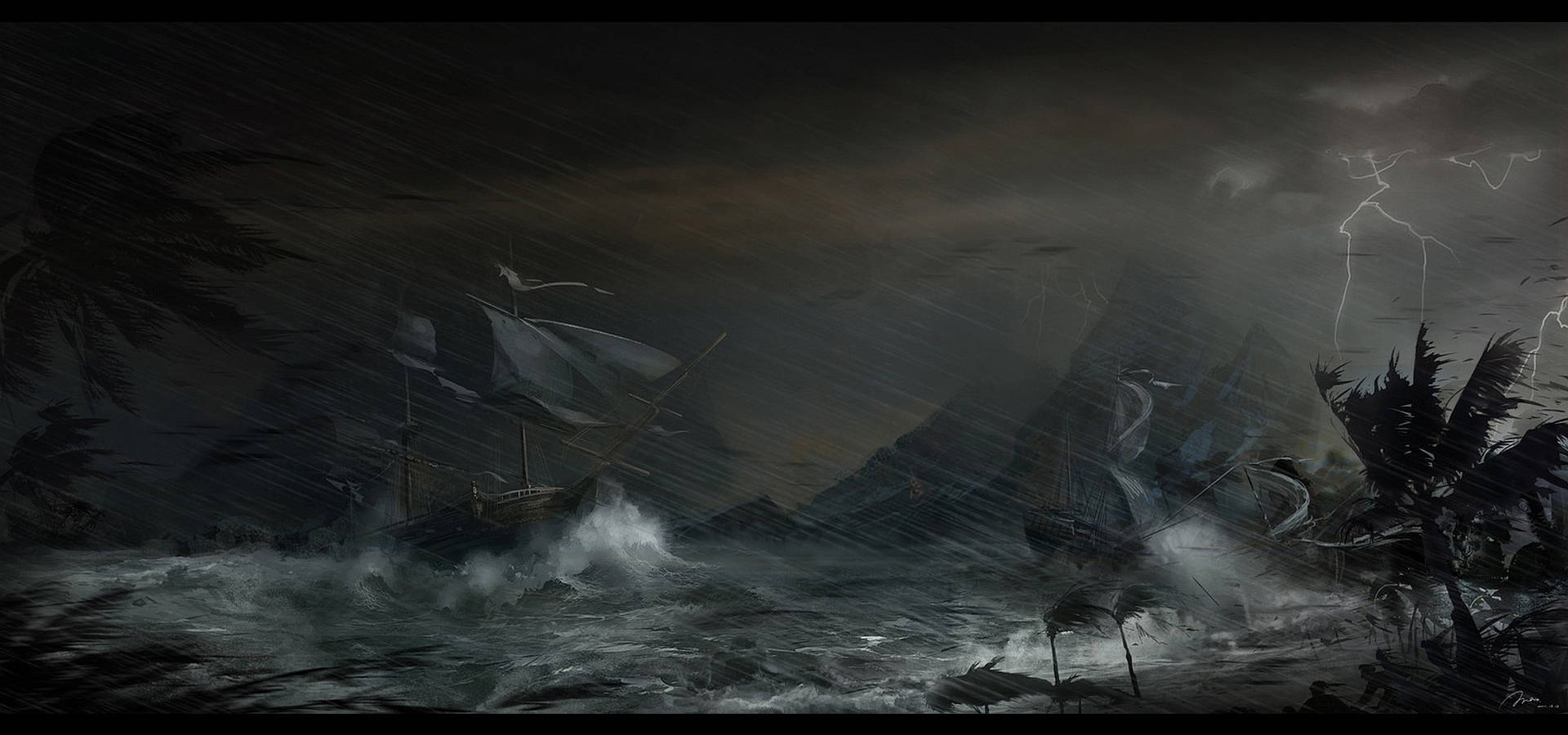 Ghost Ship 桌布 壁紙 — 海上暴風雨之夜，船隻在閃電和烏雲下與巨浪搏鬥。