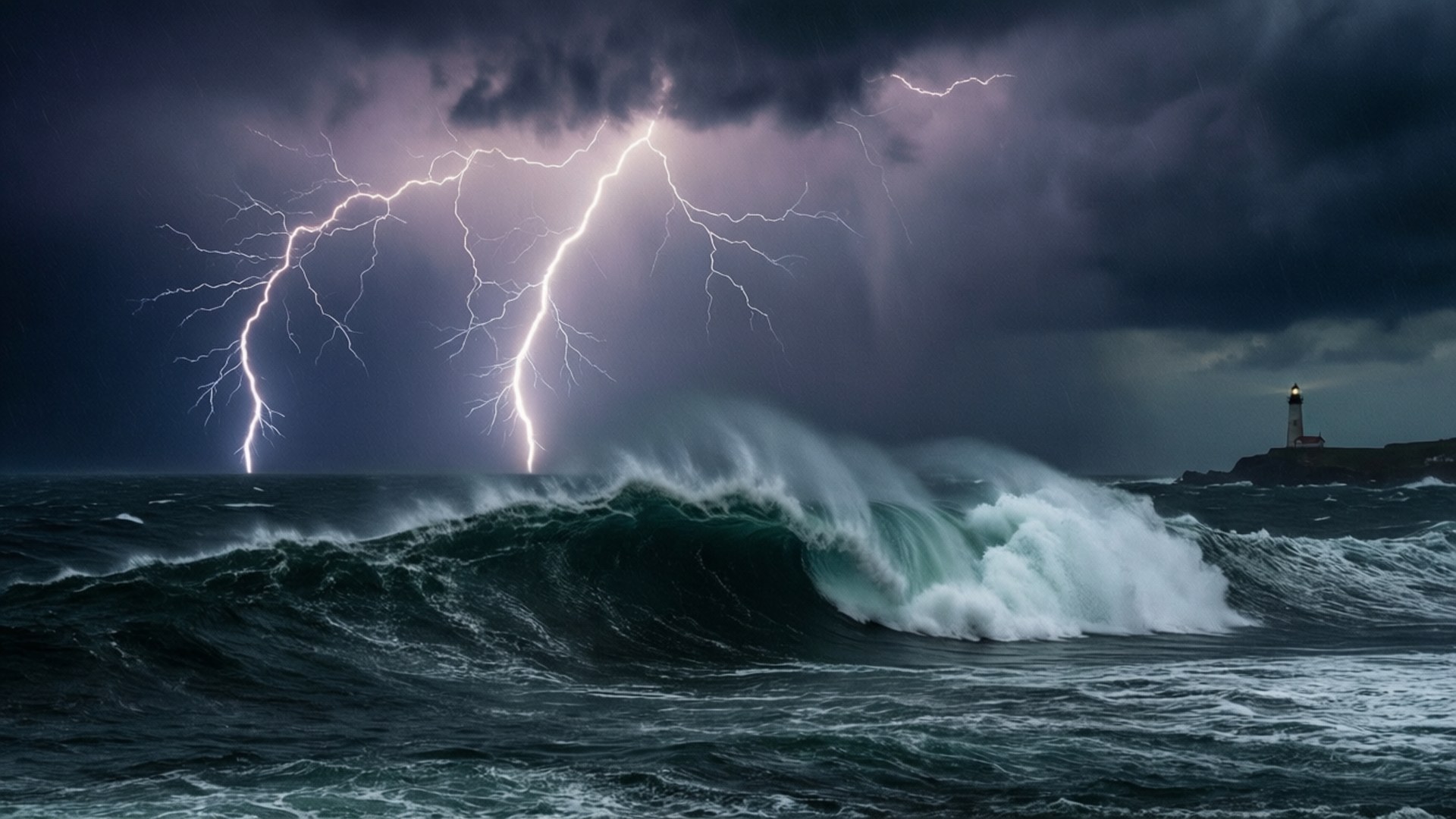 海上雷暴 壁紙 — 燈塔在波濤洶湧的大海中屹立不搖，巨浪在鋸齒狀閃電下破碎，照亮黑暗的天空。