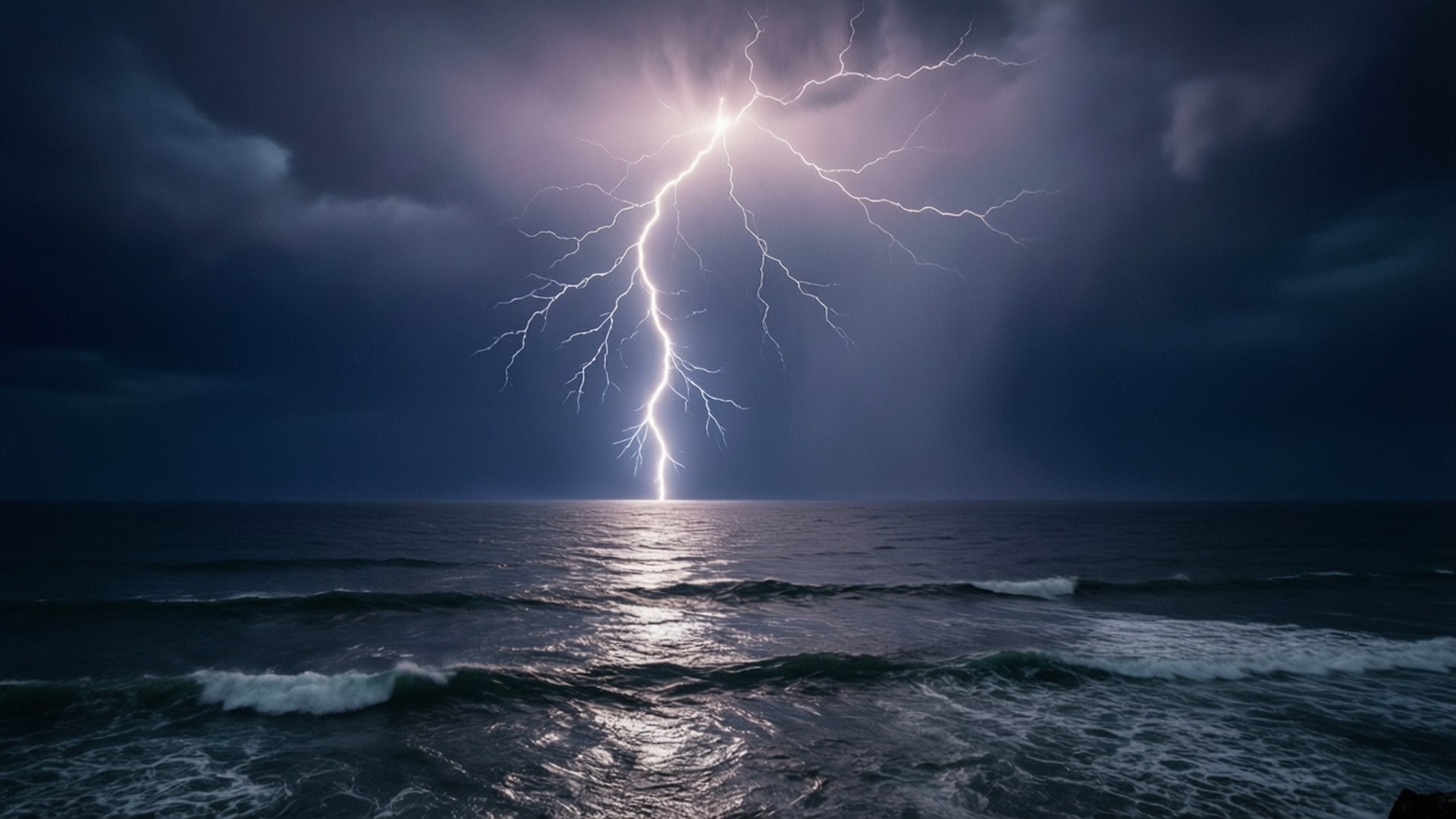 海上風暴 壁紙 — 一道巨大的閃電劃破暴風雨的夜空，擊中海面，照亮了黑暗的波浪。