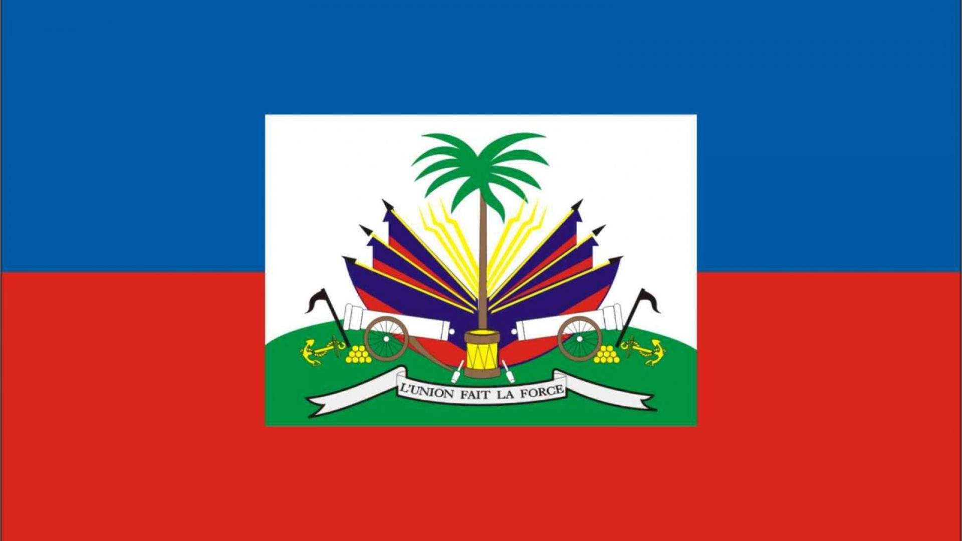 Haiti 桌布 壁紙 — 海地國旗由藍色和紅色的水平條紋組成，中央有一個白色正方形，內有棕櫚樹、大砲和格言「L'UNION FAIT LA FORCE」。