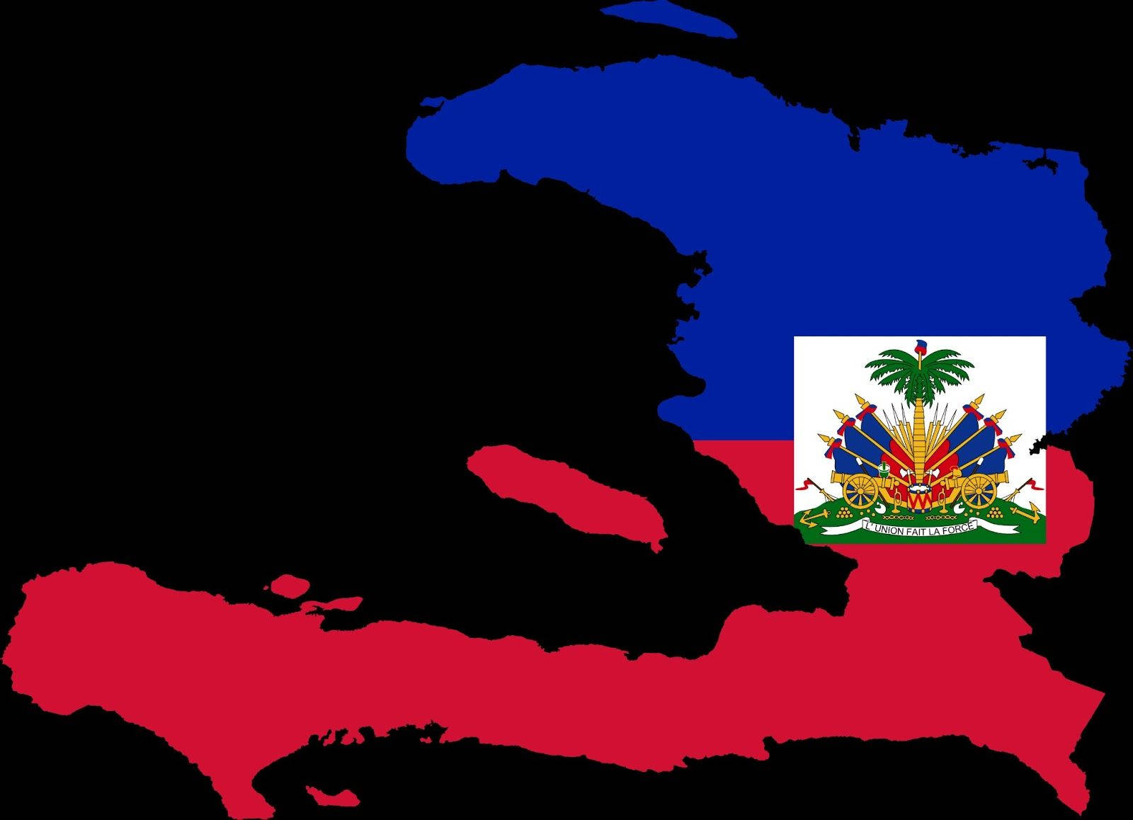 Haiti 桌布 壁紙 — 海地國旗疊加在其地圖輪廓上，藍色和紅色部分襯以黑色背景。