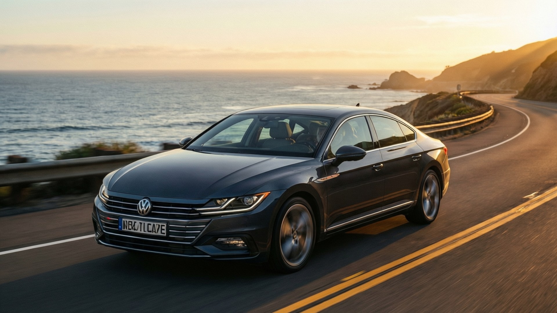 海岸奢華Passat 壁紙 — 一輛時尚的黑色福斯偉根轎車沿著海岸高速公路行駛，正值黃金時段，背景中海浪拍打懸崖。