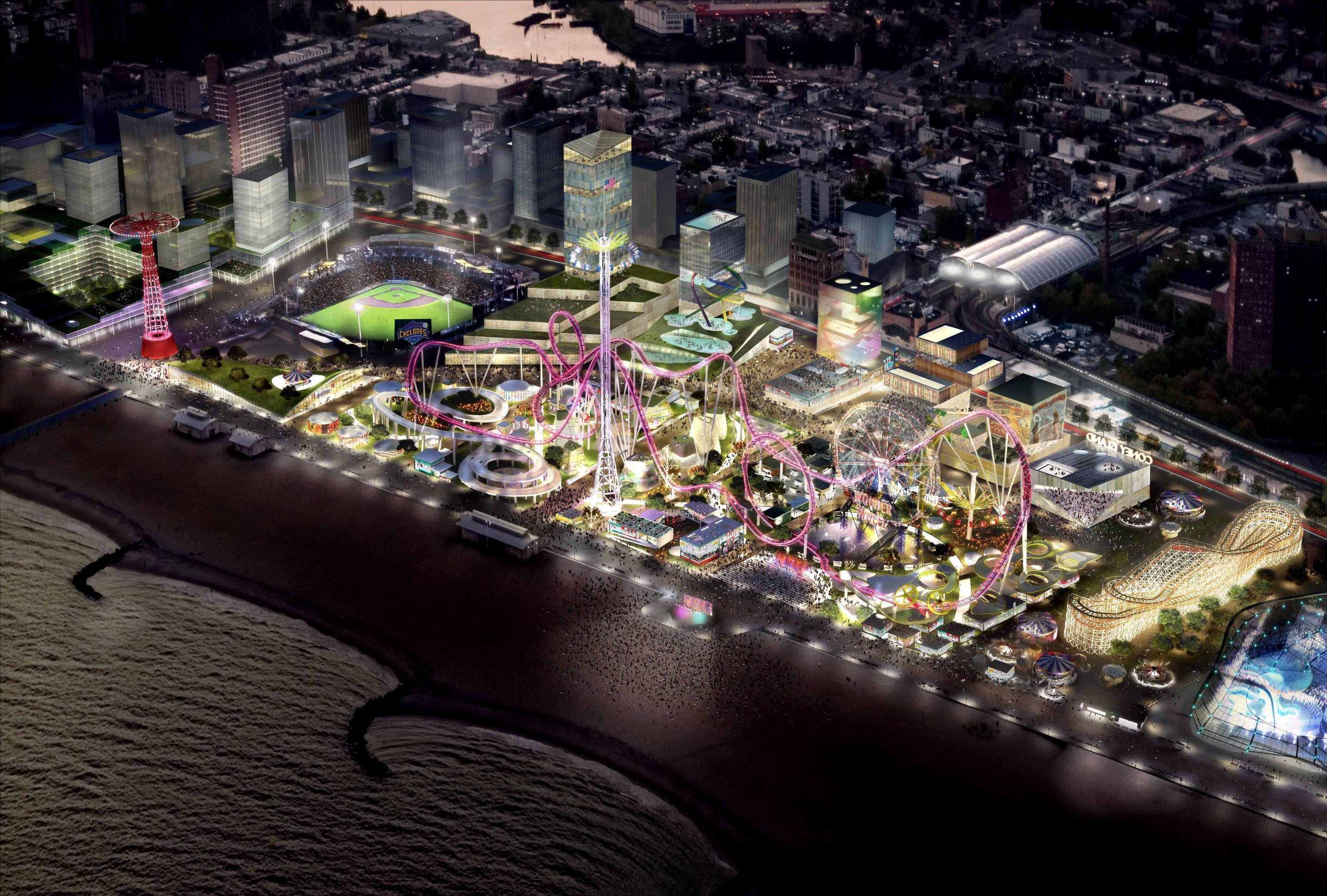夜空 桌布 壁紙 — 海岸遊樂園的夜間鳥瞰圖，閃爍的雲霄飛車和城市天際線。