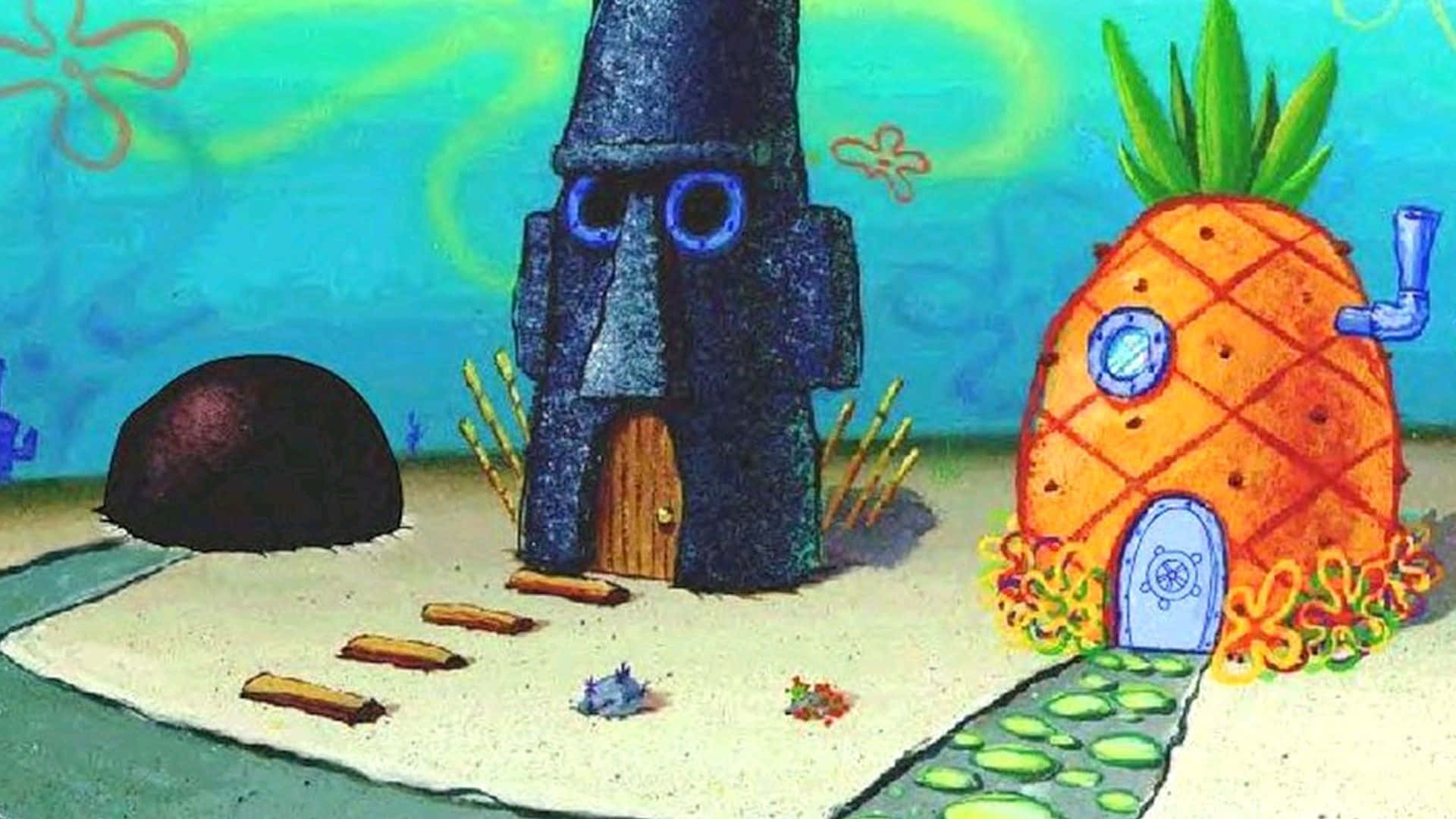 Spongebob Zoom 桌布 壁紙 — 海底卡通場景，沙質海床上有一個鳳梨屋和一個石面雕像。