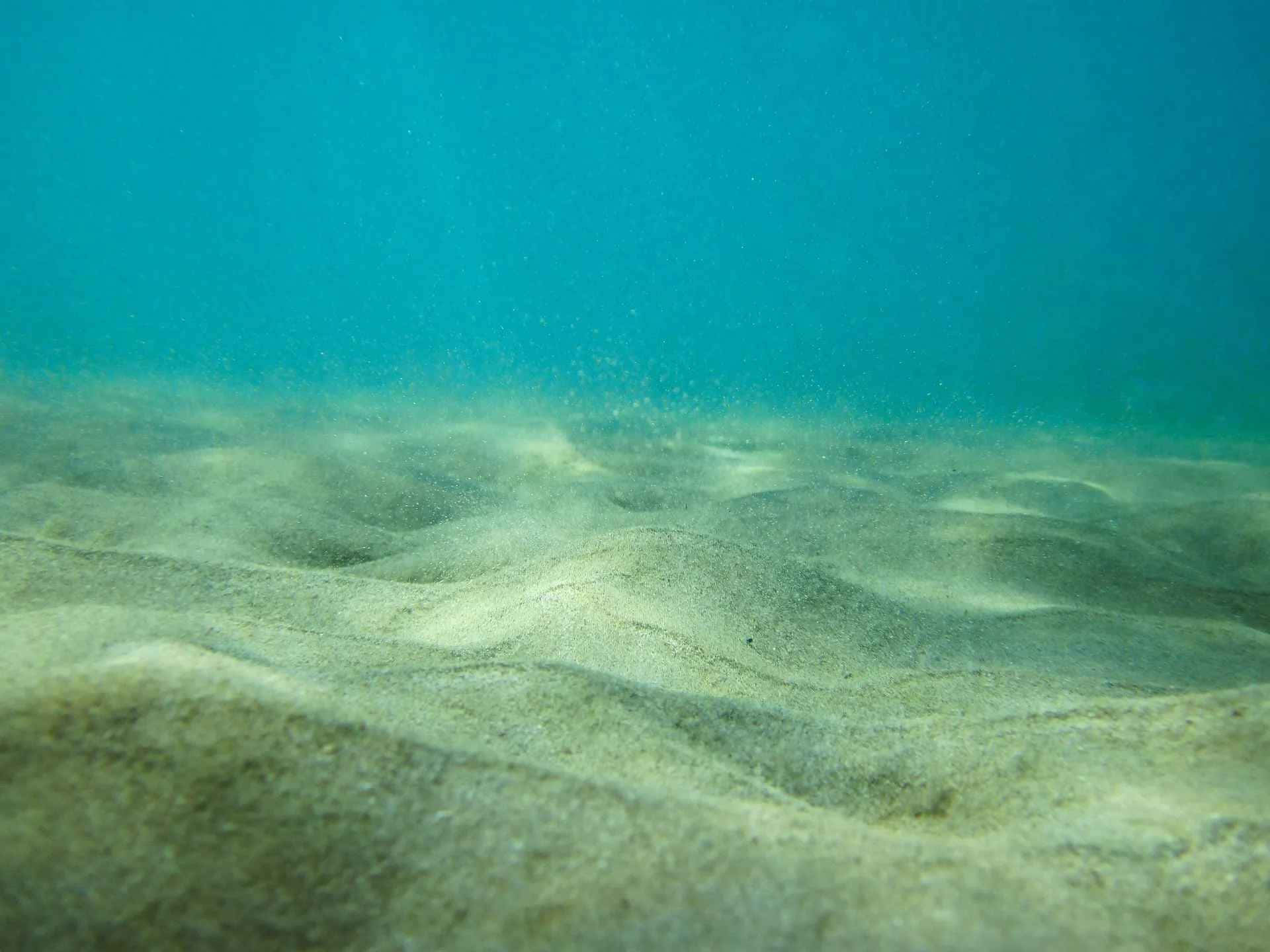 Mariana Trench 桌布 壁紙 — 海底波浪狀沙質海床在藍綠色光線中沐浴，懸浮顆粒漂浮的水下景觀。