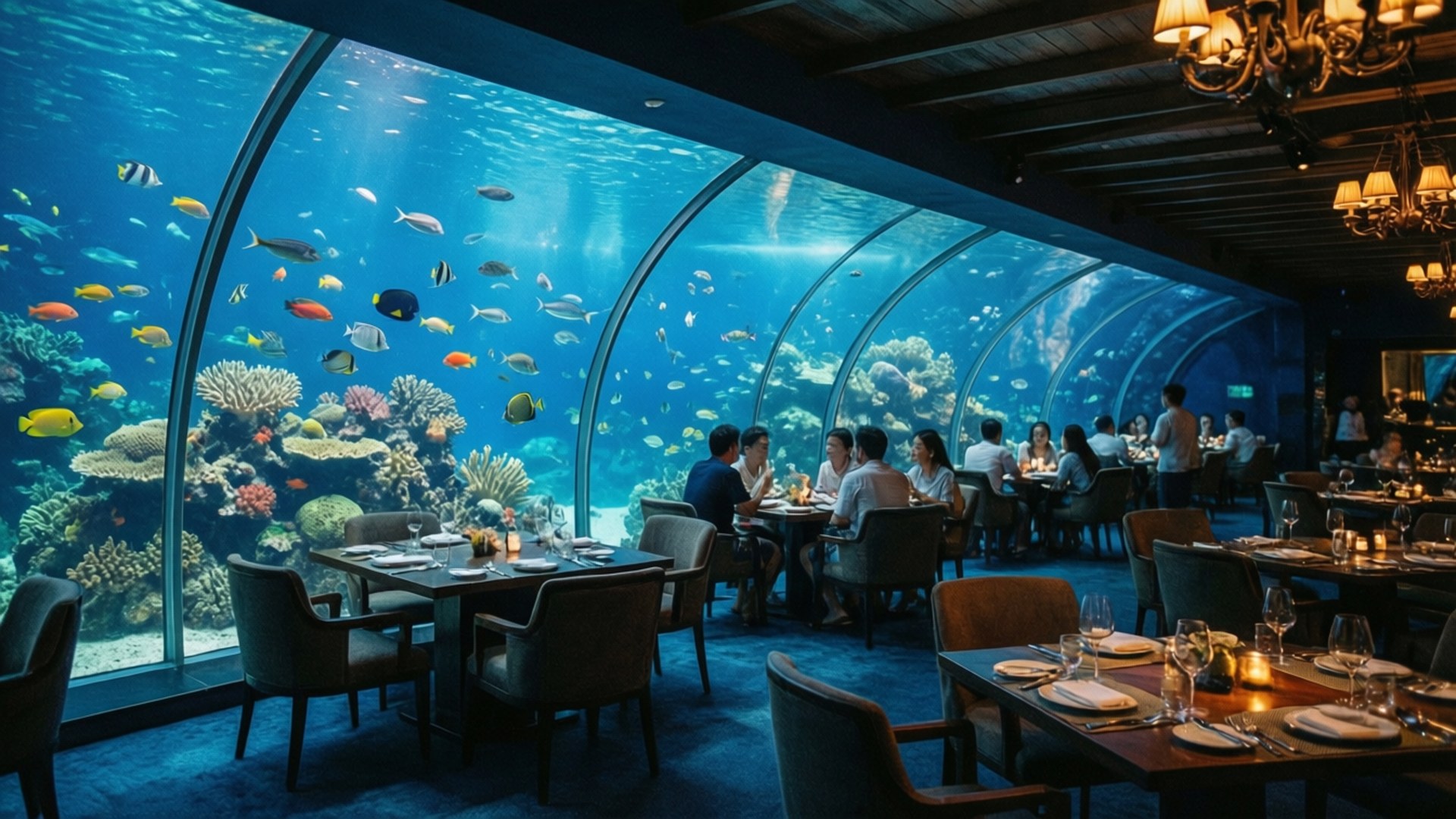 海底饗宴 壁紙 — 優雅餐廳，弧形玻璃牆展現出充滿活力的珊瑚礁和熱帶魚在清澈藍色海水中游動。