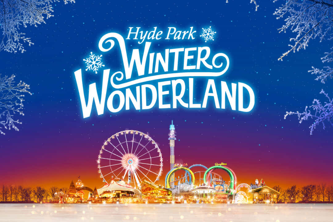 Winter 桌布 壁紙 — 海德公園的耀眼冬日仙境，在星光燦爛的暮色天空下，閃爍的遊樂設施被霜凍的樹枝環繞。