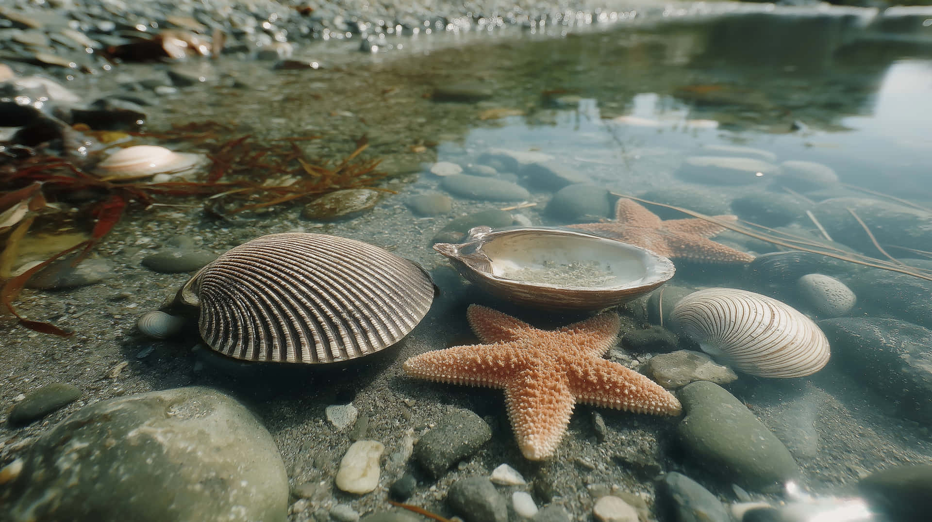 Shallow Water with Starfish and Shell Imprints 壁紙 — 海星和各種貝殼擱在濕漉漉的鵝卵石上，靠近水邊，附近有海藻漂浮。