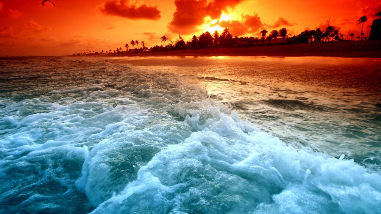 海灘日落 桌布 壁紙 — 海洋上充滿活力的日落，船隻在棕櫚樹成蔭的海岸附近留下泡沫尾跡。