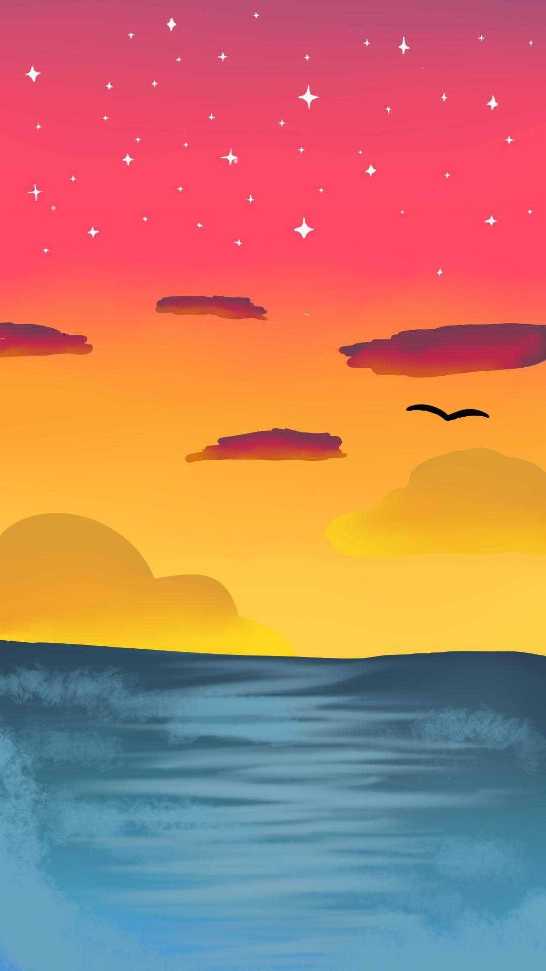 Pansexual 桌布 壁紙 — 海洋上空的風格化日落，星星出現在雲層之上，一隻孤鳥飛翔。