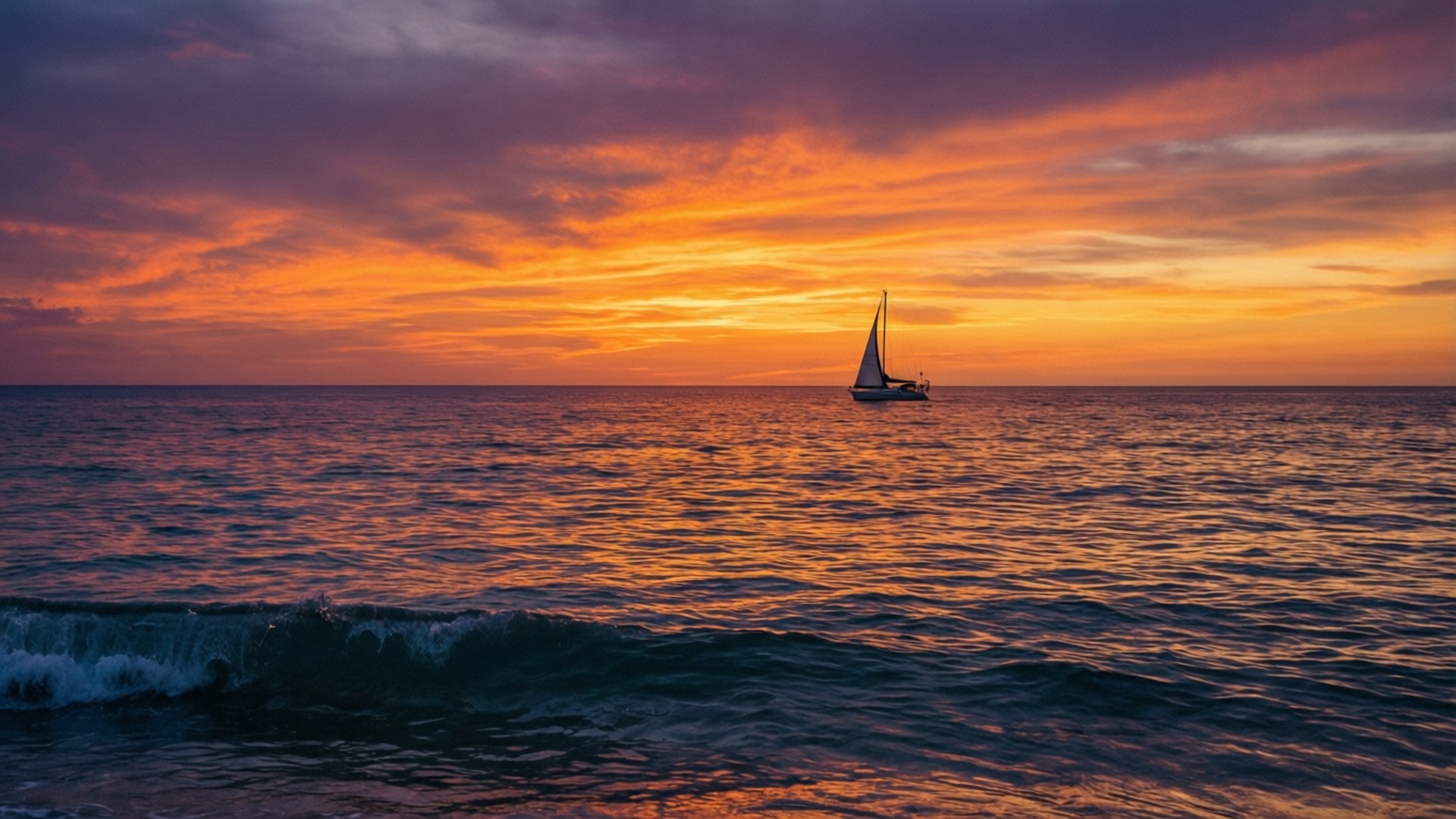 海洋夕照光輝 壁紙 — 一艘孤獨的帆船在充滿活力的橙色和紫色日落海上滑行，前景有輕柔的波浪。
