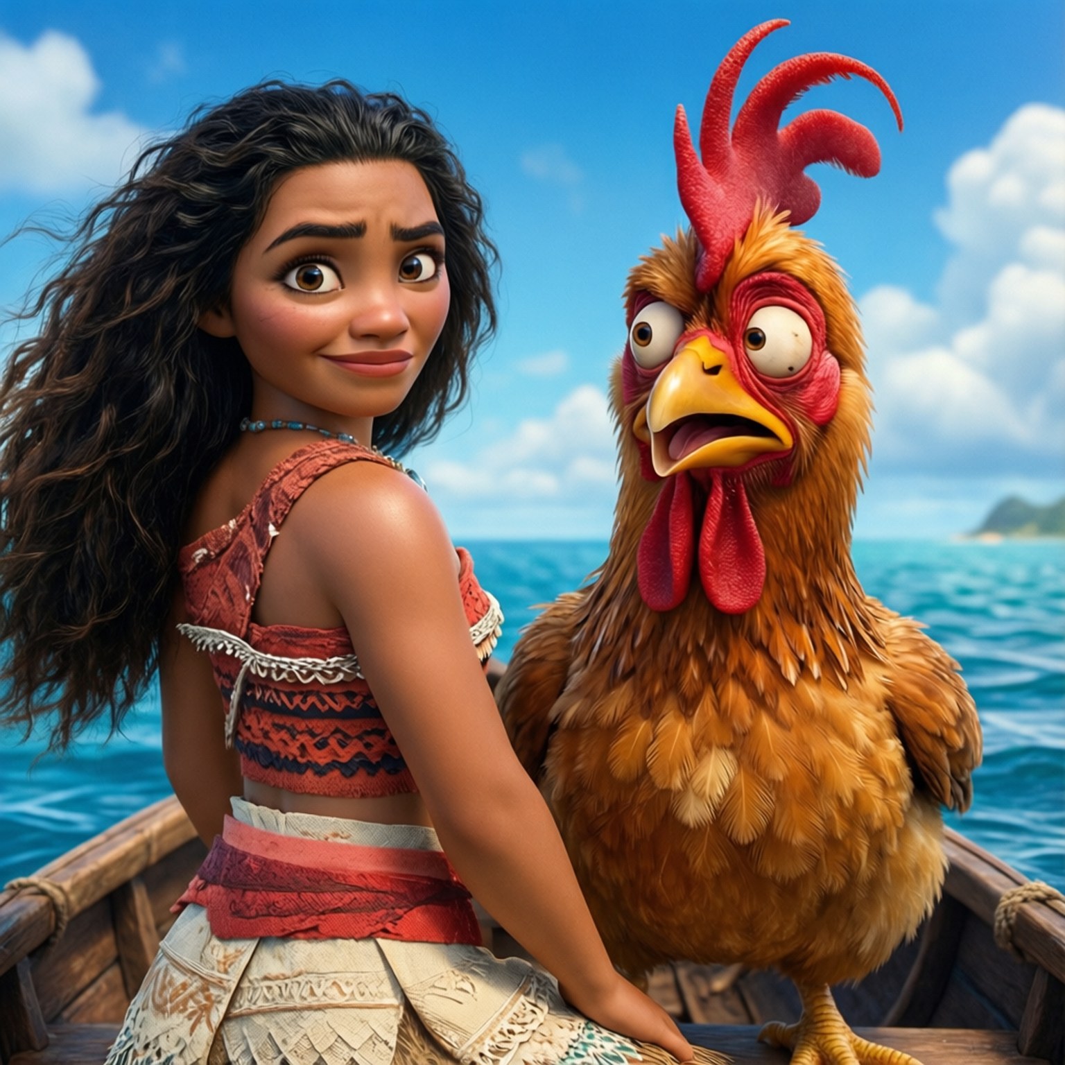 海洋奇緣與憨憨雞嘿嘿 壁紙 — Moana 在陽光明媚的海洋上的木船中，在一隻驚訝的公雞旁邊微笑，遠處有島嶼。