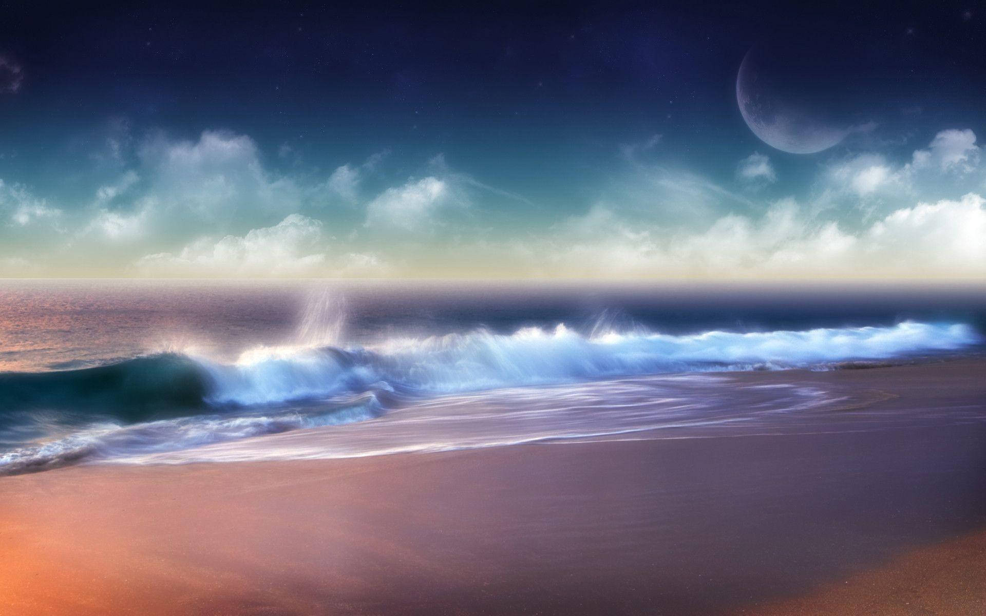 Ocean Sunset 桌布 壁紙 — 海浪拍打沙灘，天空繁星點點，新月高掛。