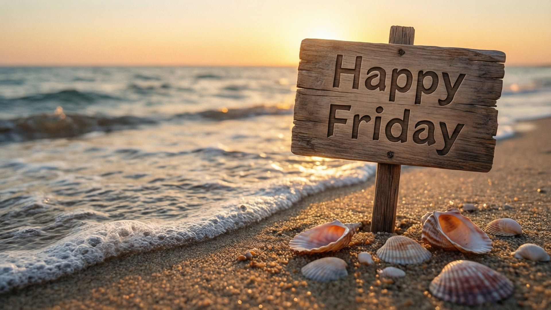 海灘夕景星期五 壁紙 — 一個寫有Happy Friday的質樸木牌矗立在日落時分的沙灘上，伴隨著輕柔的海浪和散落的貝殼。