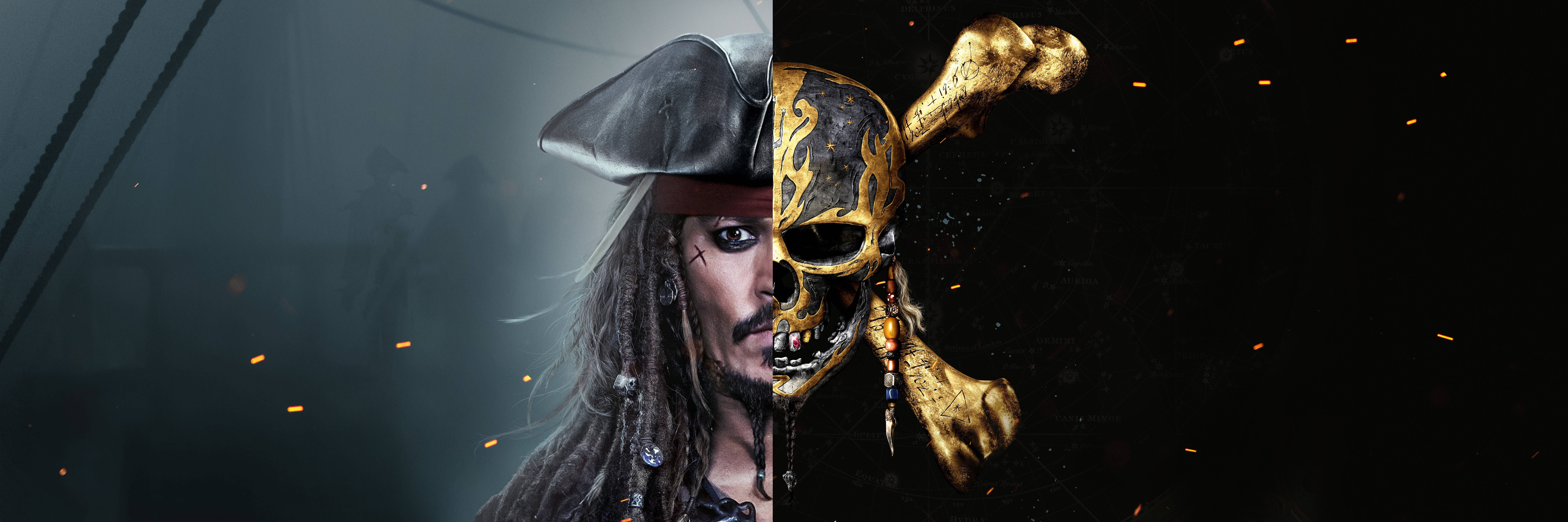 sparrow 桌布 壁紙 — 海盜傑克·史派羅與金色骷髏交叉骨在黑暗背景上火花四濺的分割圖像。