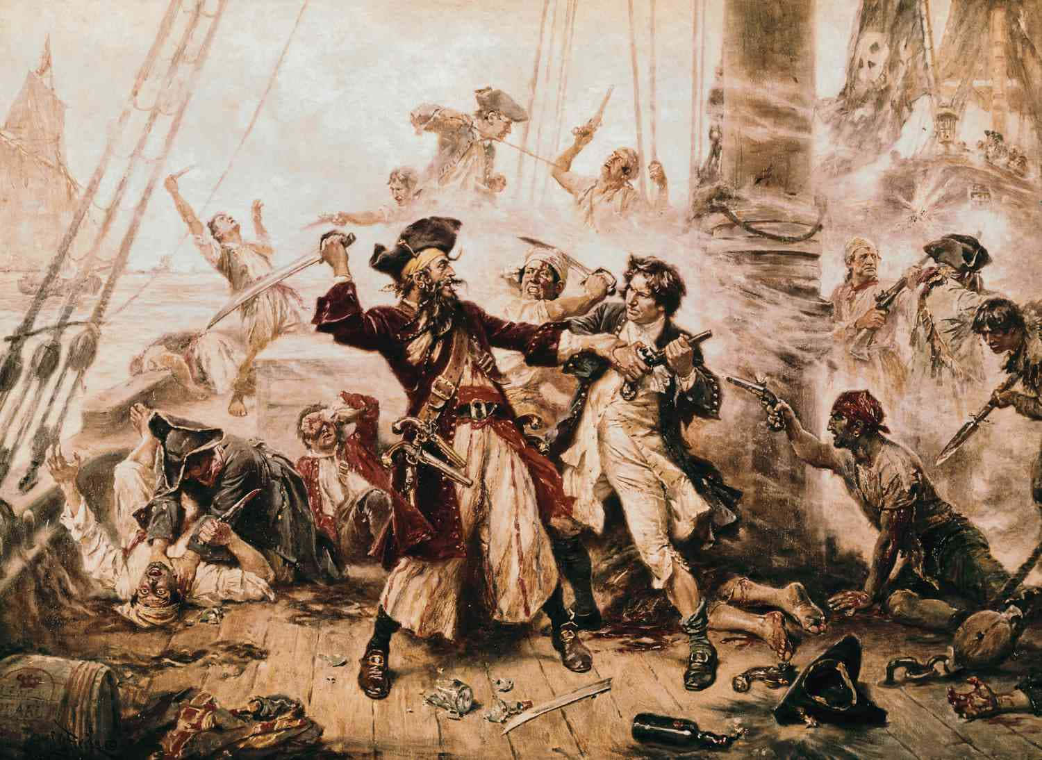 Pirate 桌布 壁紙 — 海盜在暴風雨的天空下，在混亂、鮮血和煙霧中激烈地碰撞在船甲板上。