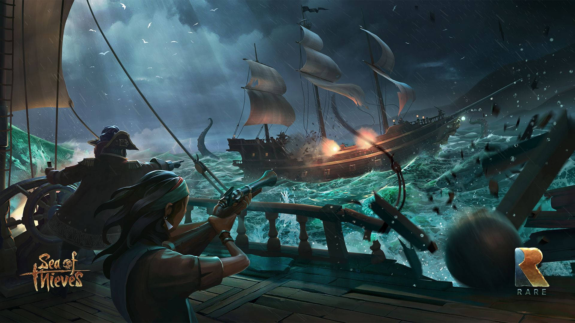 Sea Of Thieves 桌布 壁紙 — 海盜在波濤洶湧的海上戰鬥，遠處一艘船在黑暗的天空下爆炸。