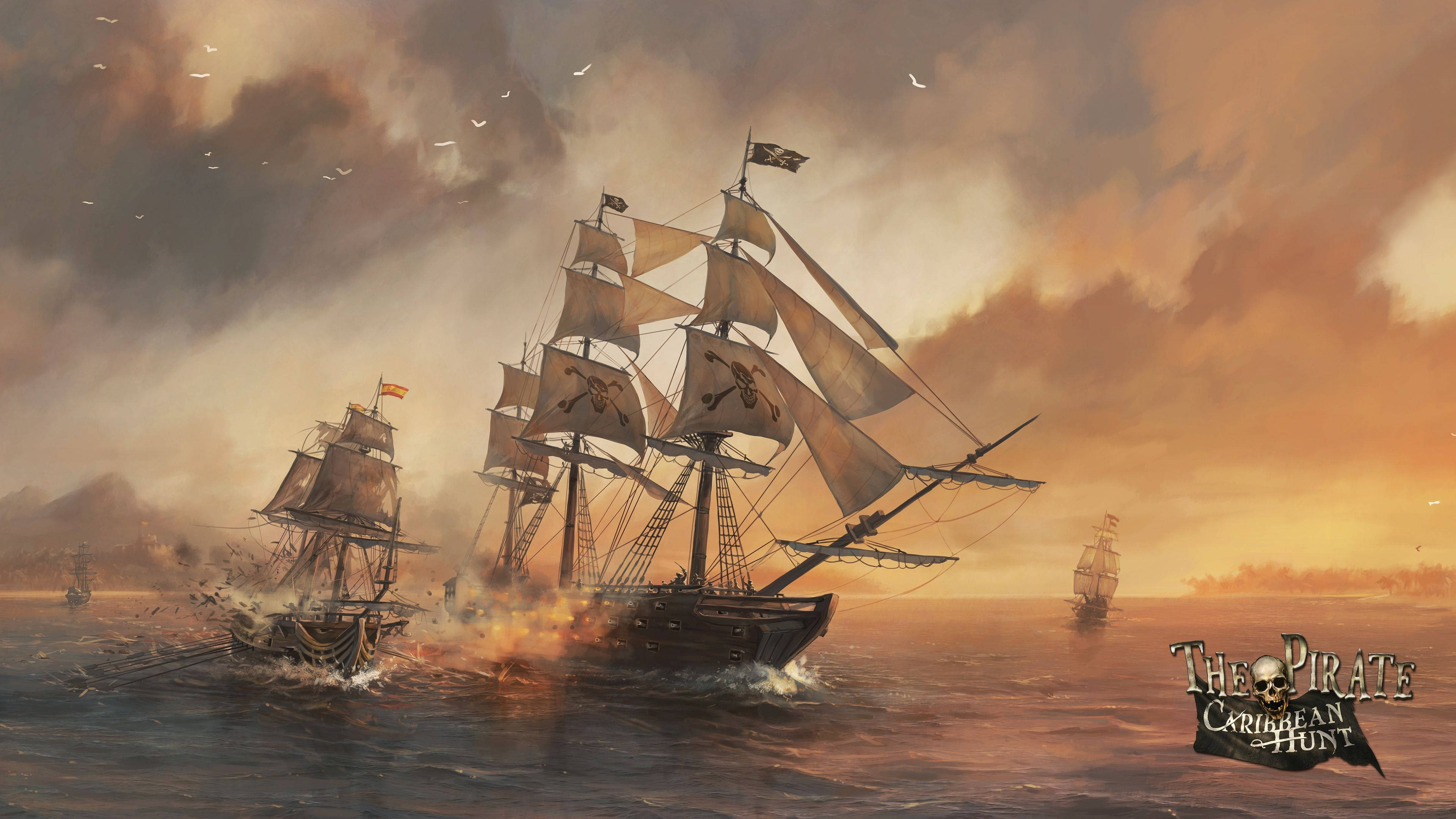 Pirates Of The Caribbean 桌布 壁紙 — 海盜船在風暴日落天空下，在波濤洶湧的海浪上交戰。